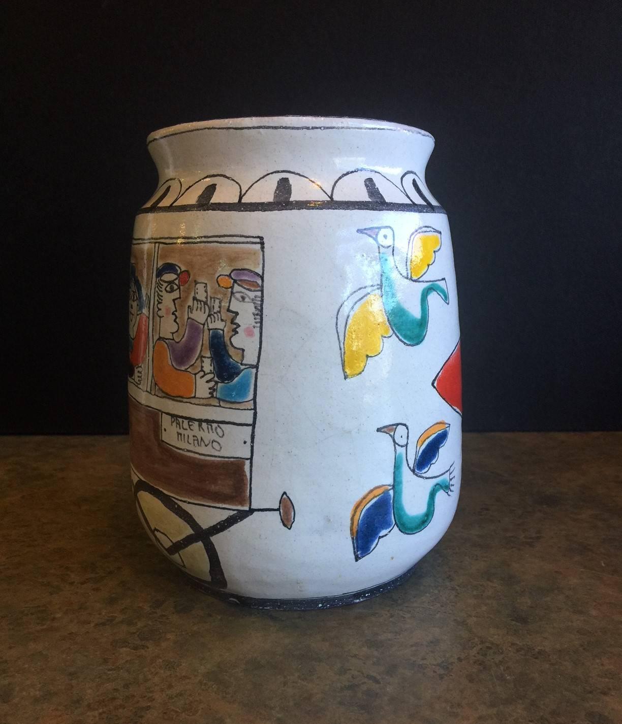 Italian Large Mid-Century Modern Hand-Painted Vase by Giovanni Desimone