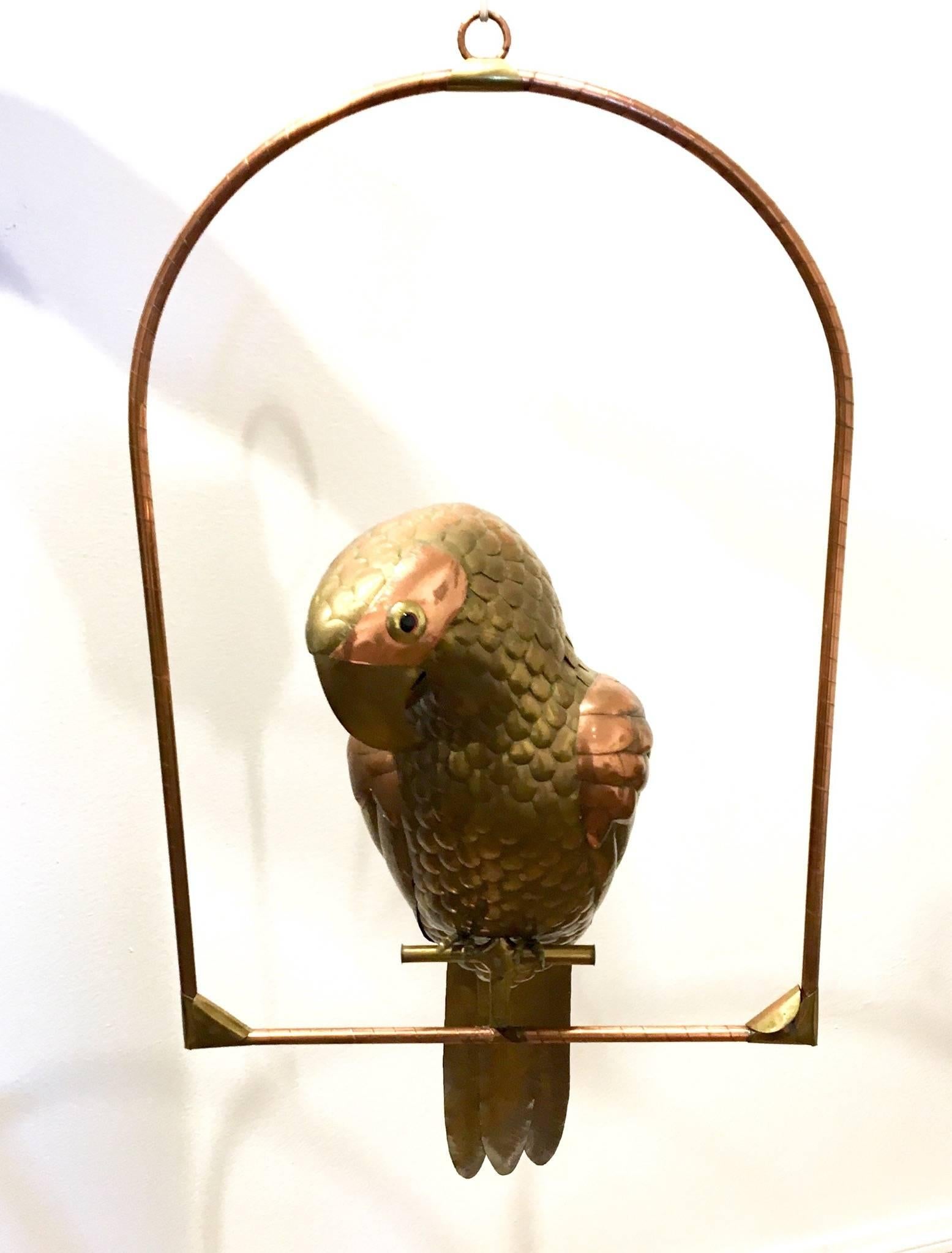 Extra Large Hanging Perched Parrot by Sergio Bustamante in Brass and Copper 1