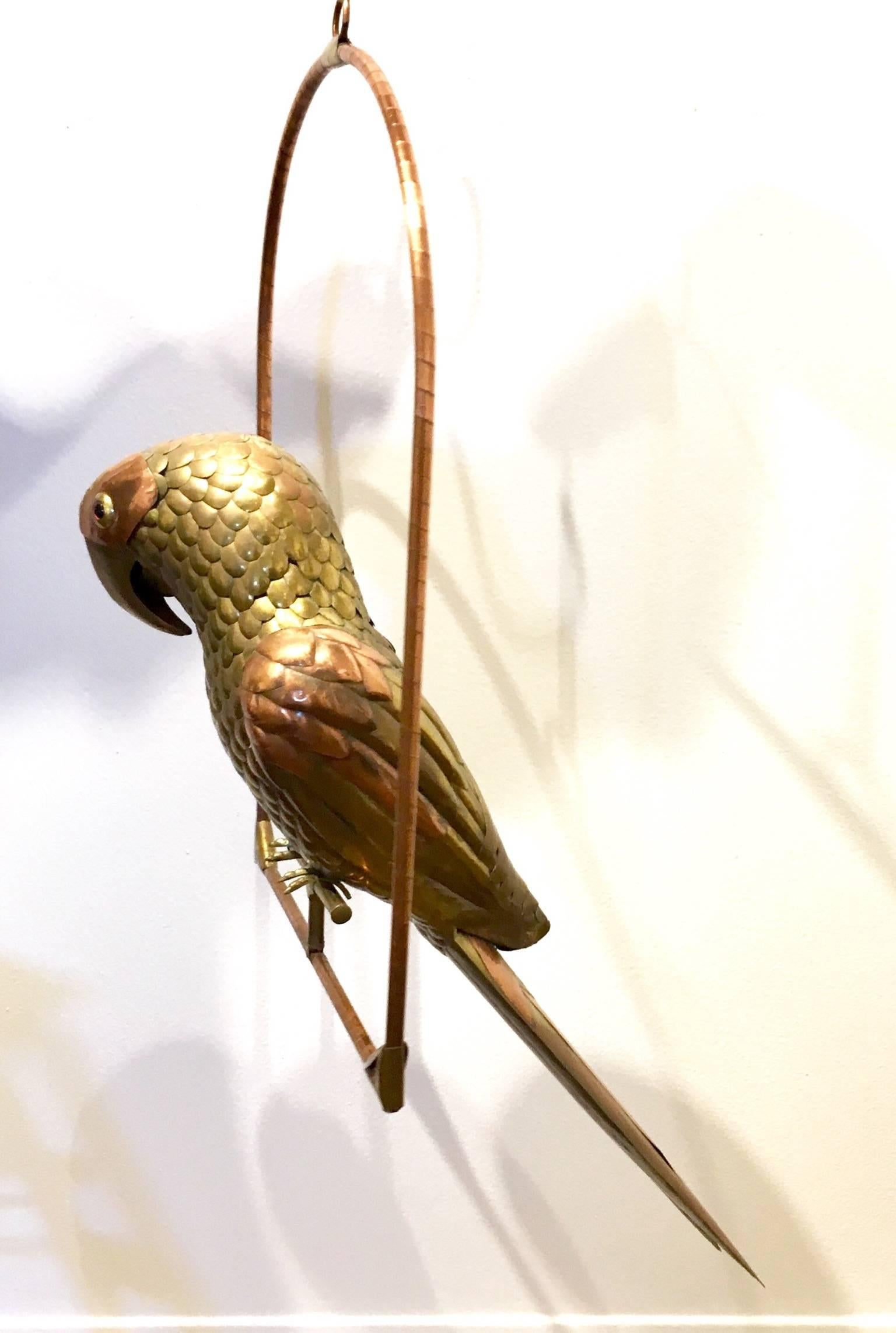 Extra Large Hanging Perched Parrot by Sergio Bustamante in Brass and Copper In Excellent Condition In San Diego, CA