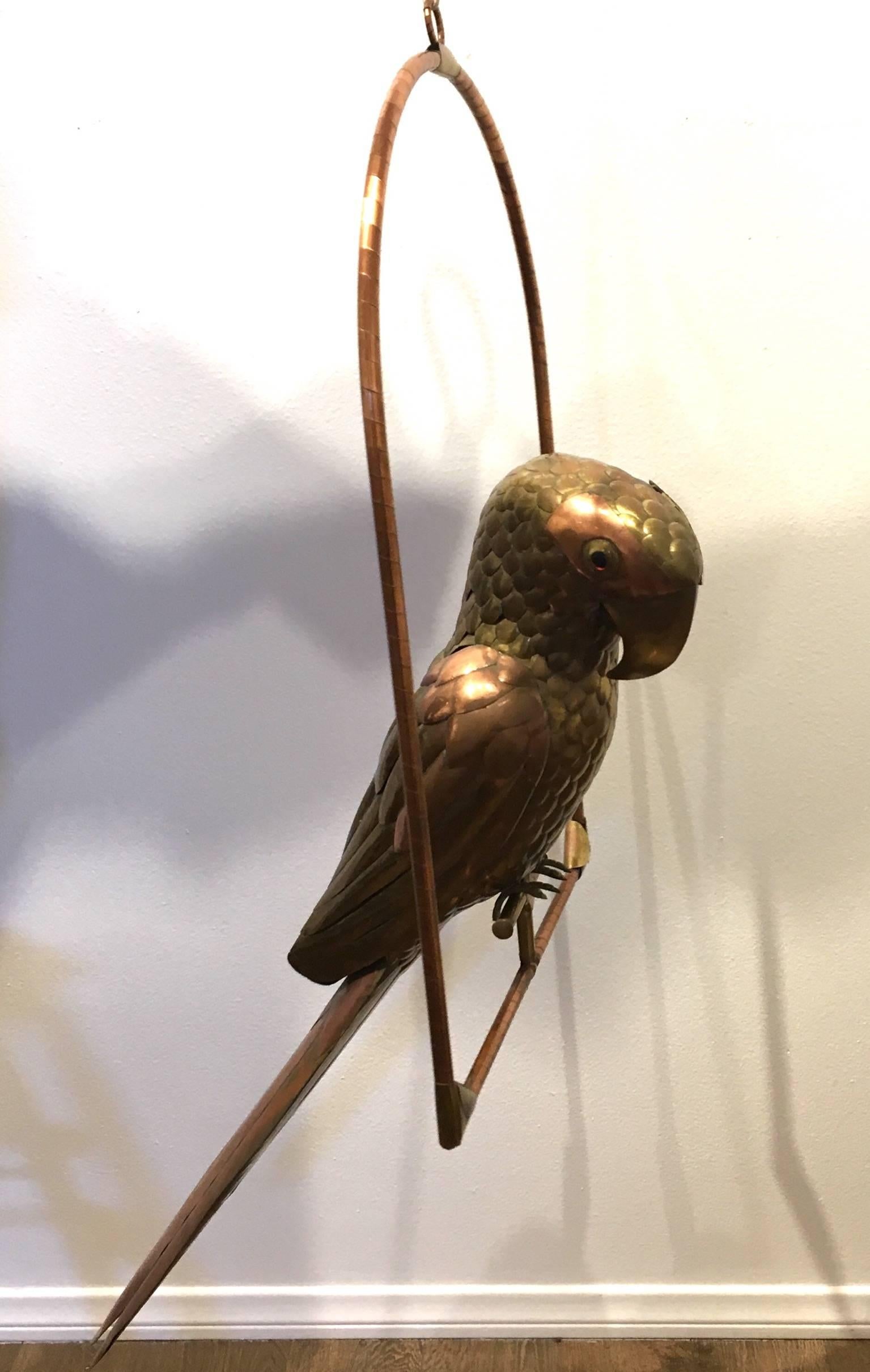 20th Century Extra Large Hanging Perched Parrot by Sergio Bustamante in Brass and Copper