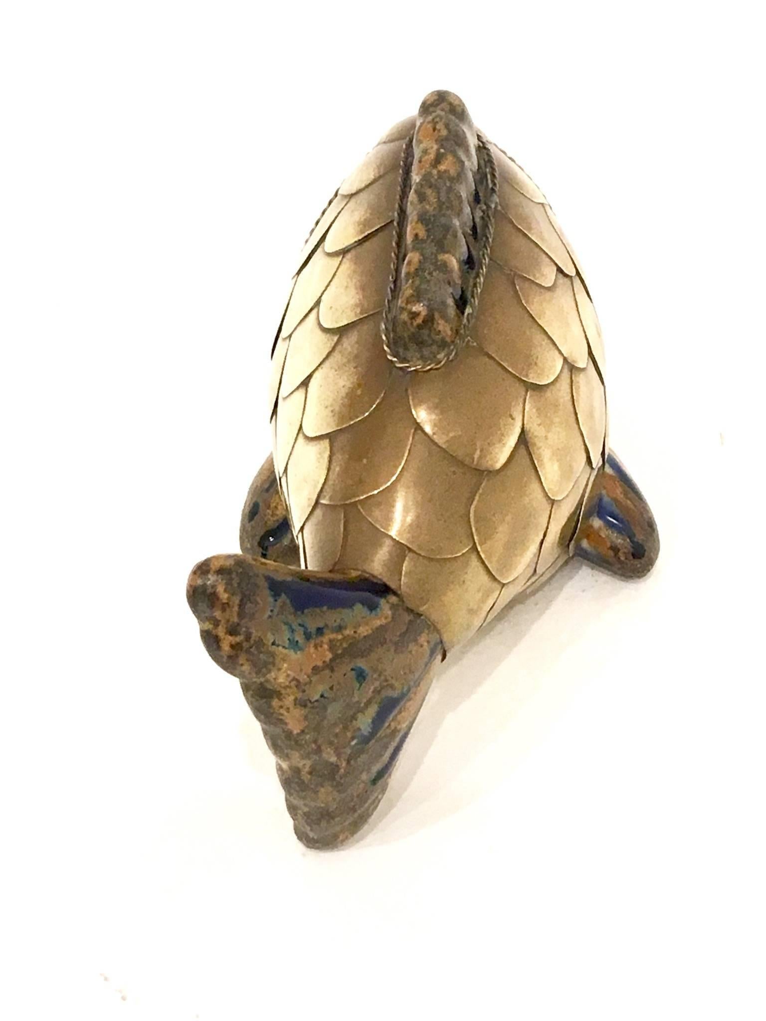 Petite Fish Sculpture in Brass and Ceramic Attributed to Sergio Bustamante In Excellent Condition In San Diego, CA