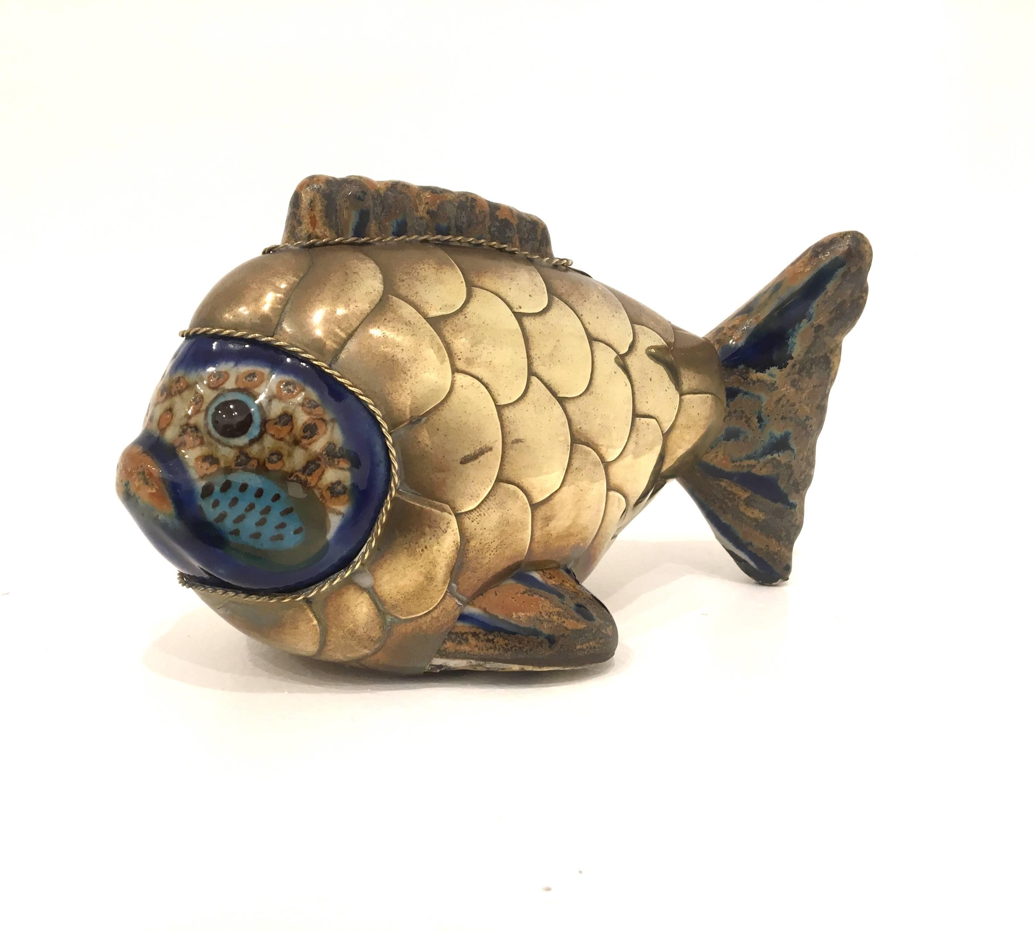 Whimsical fish sculpture attributed to Mexican Sculptor Sergio Bustamante in brass and ceramic.