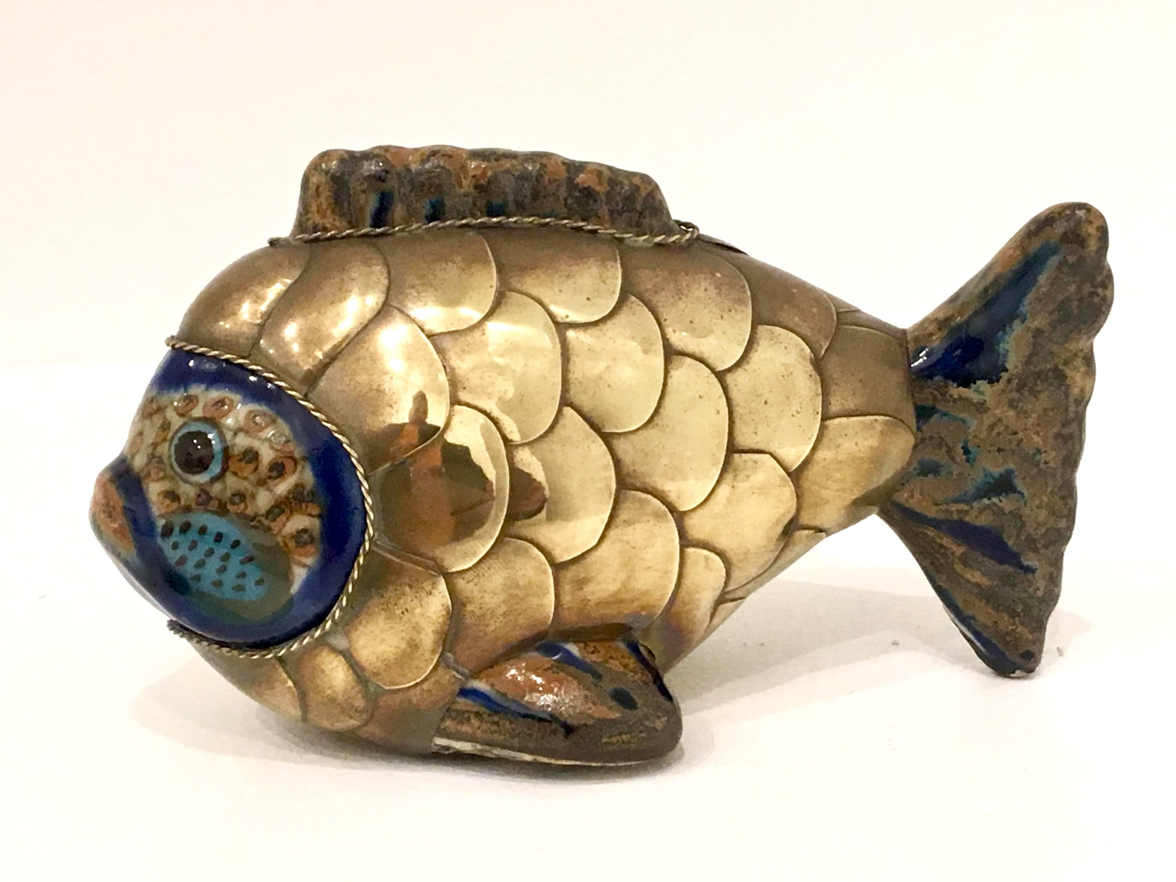 20th Century Petite Fish Sculpture in Brass and Ceramic Attributed to Sergio Bustamante