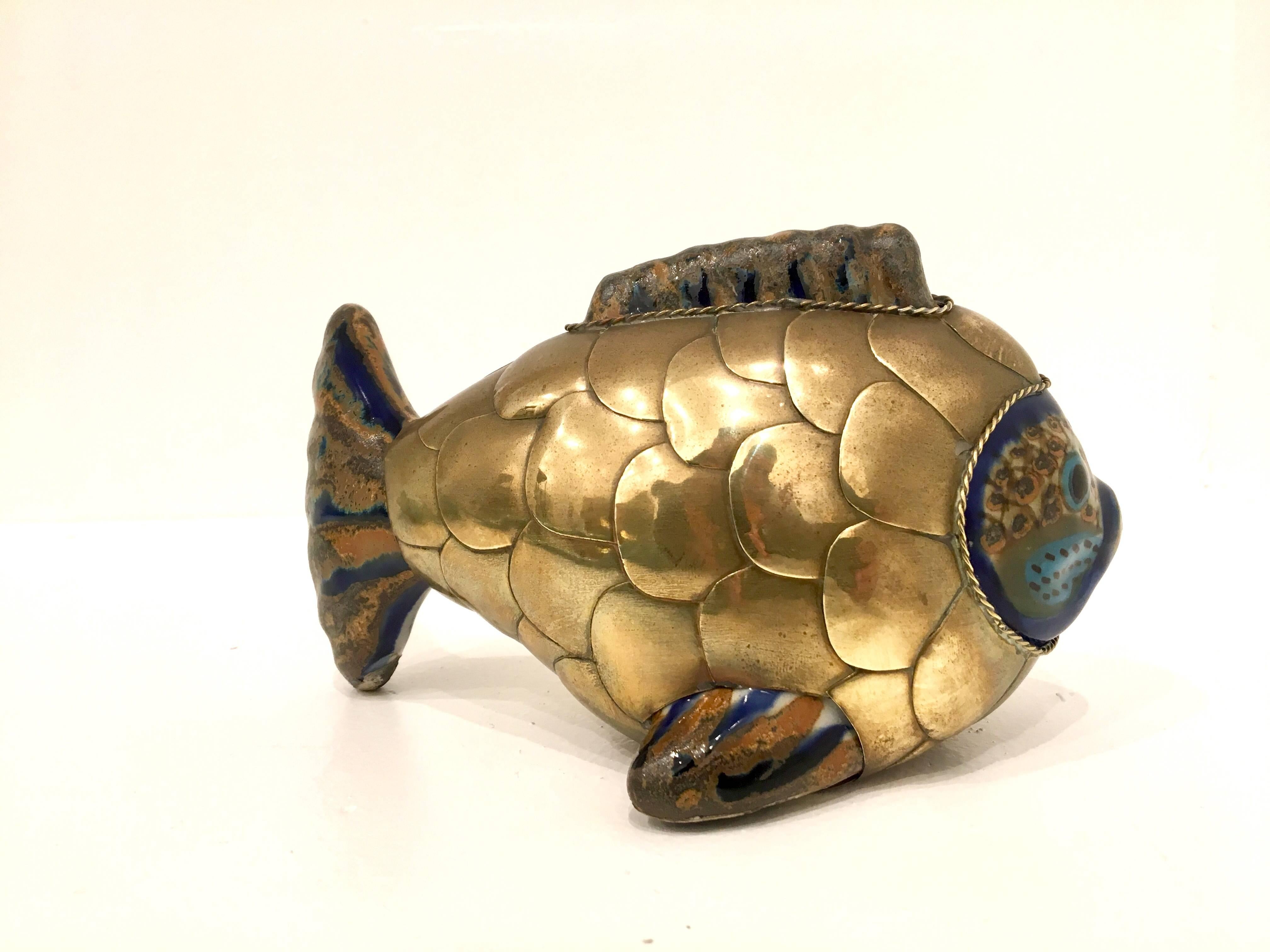 Mexican Petite Fish Sculpture in Brass and Ceramic Attributed to Sergio Bustamante