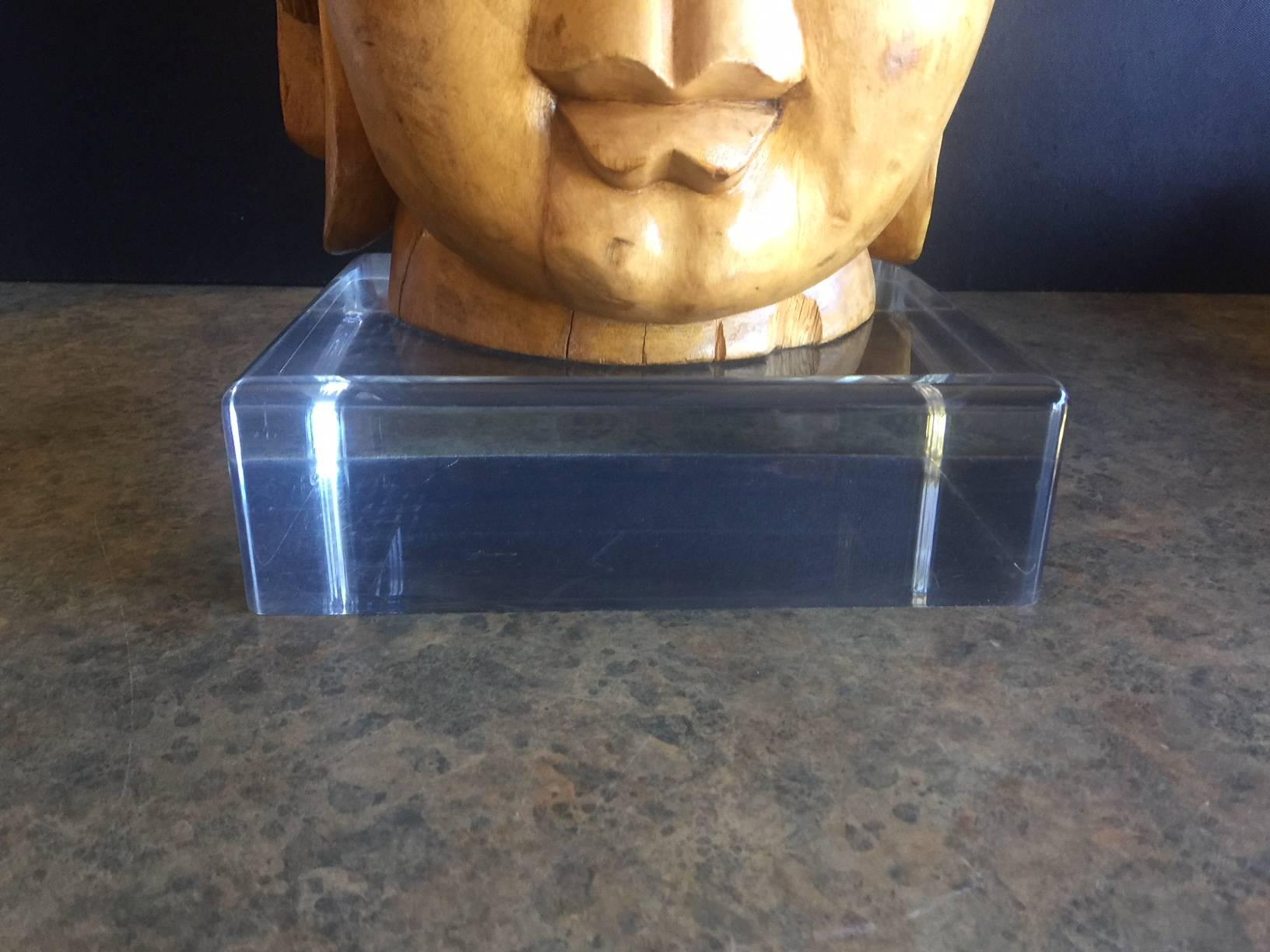 Impressive Hand-Carved Wooden Buddha Head on Acrylic Base 4