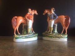 Pair of 19th Century Porcelain Horse & Rider/Jockey Figurines by Staffordshire