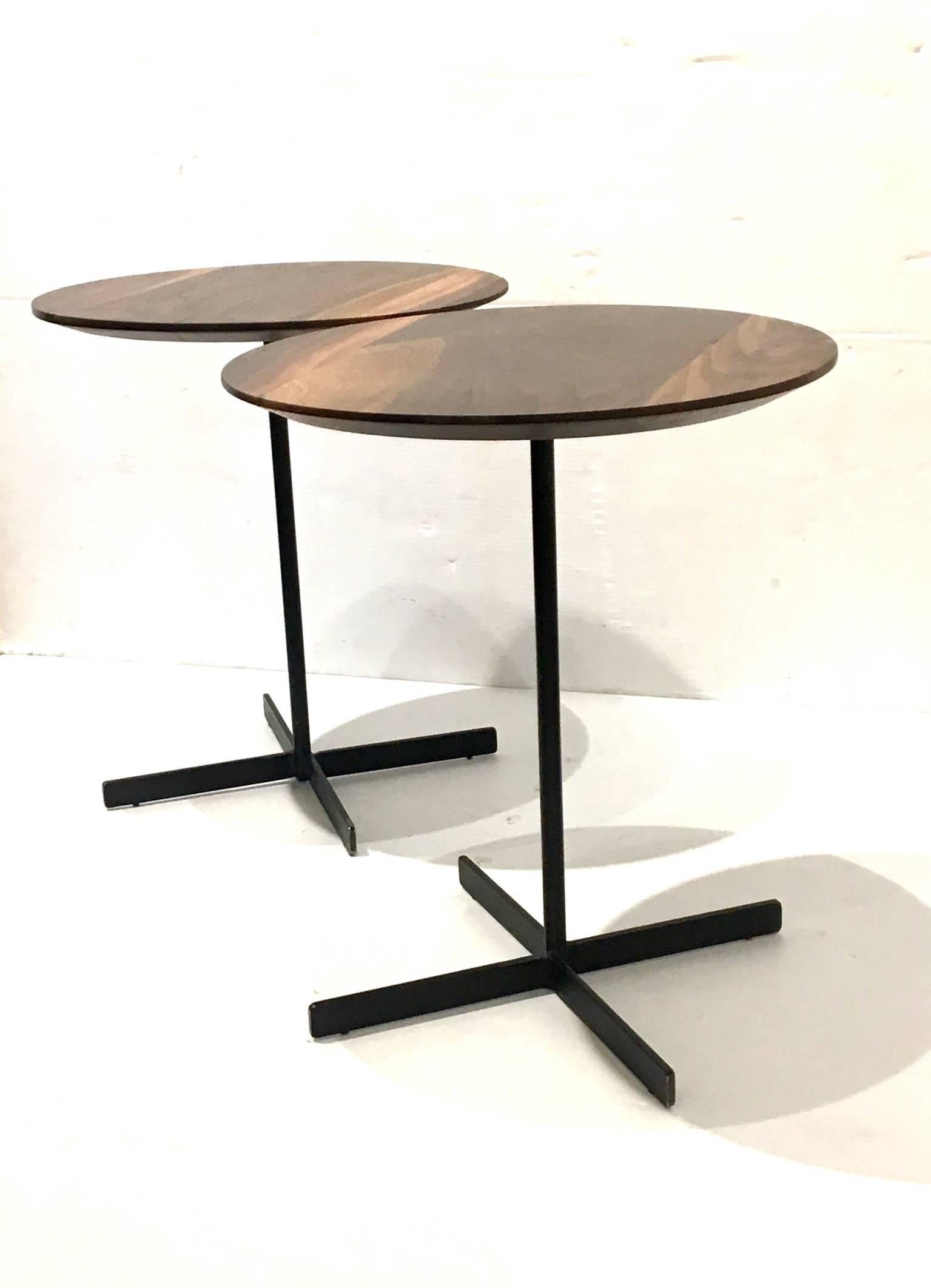 20th Century Pair of American Black Walnut Cocktail Tables with Iron Bases