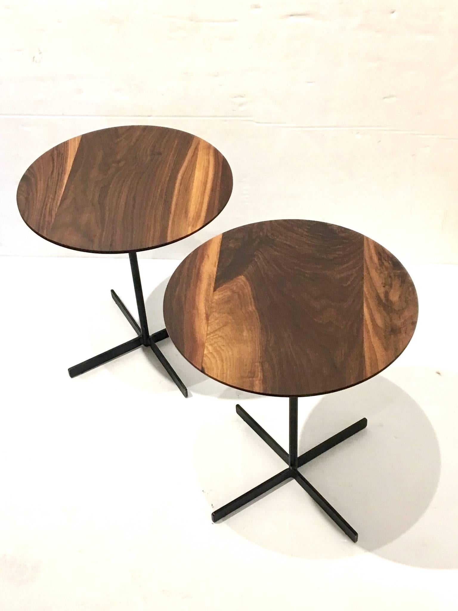 Mid-Century Modern Pair of American Black Walnut Cocktail Tables with Iron Bases