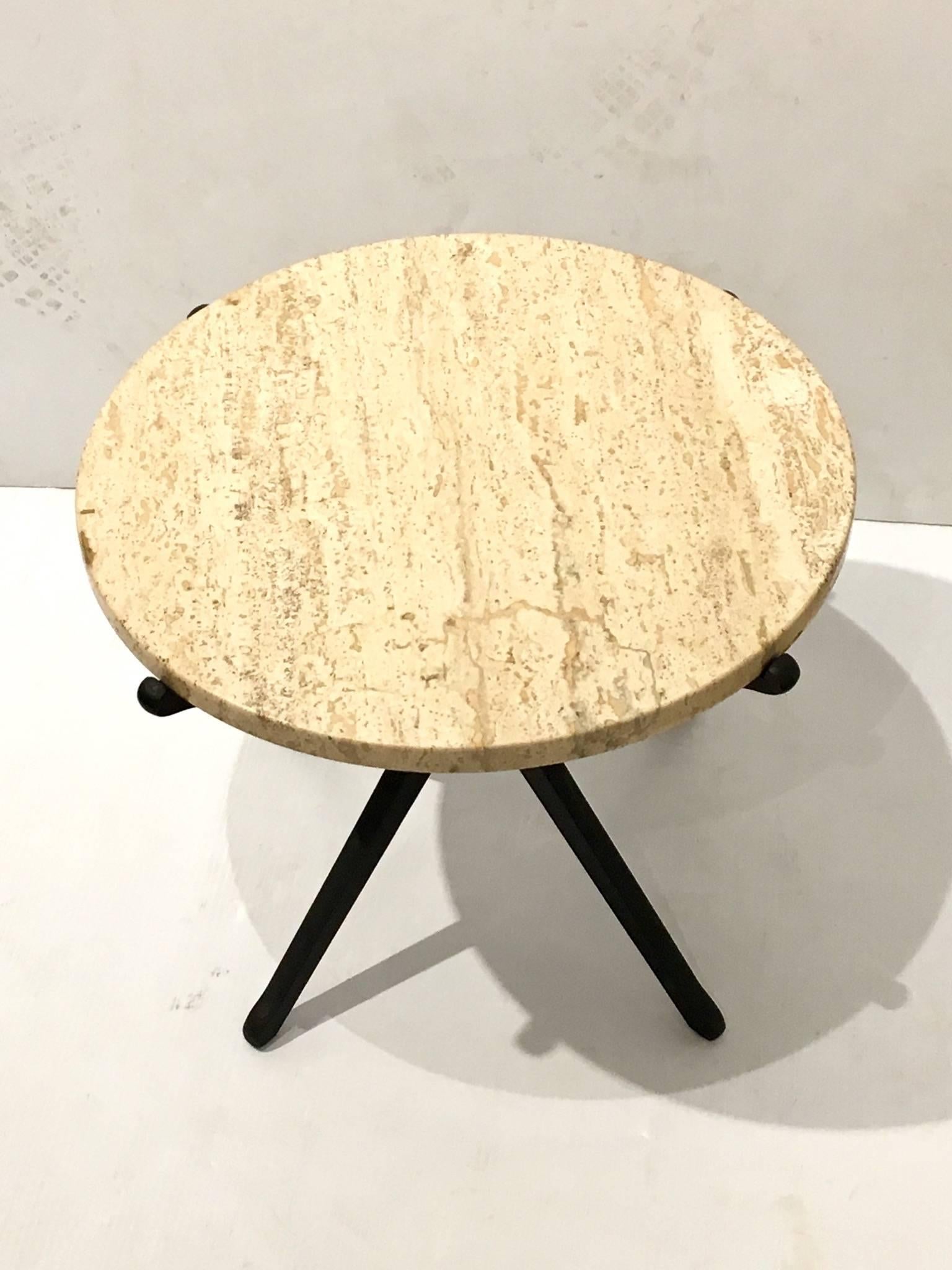 Brass Italian Mid-Century Modern Star Base Small Cocktail Table Marble and Wood For Sale