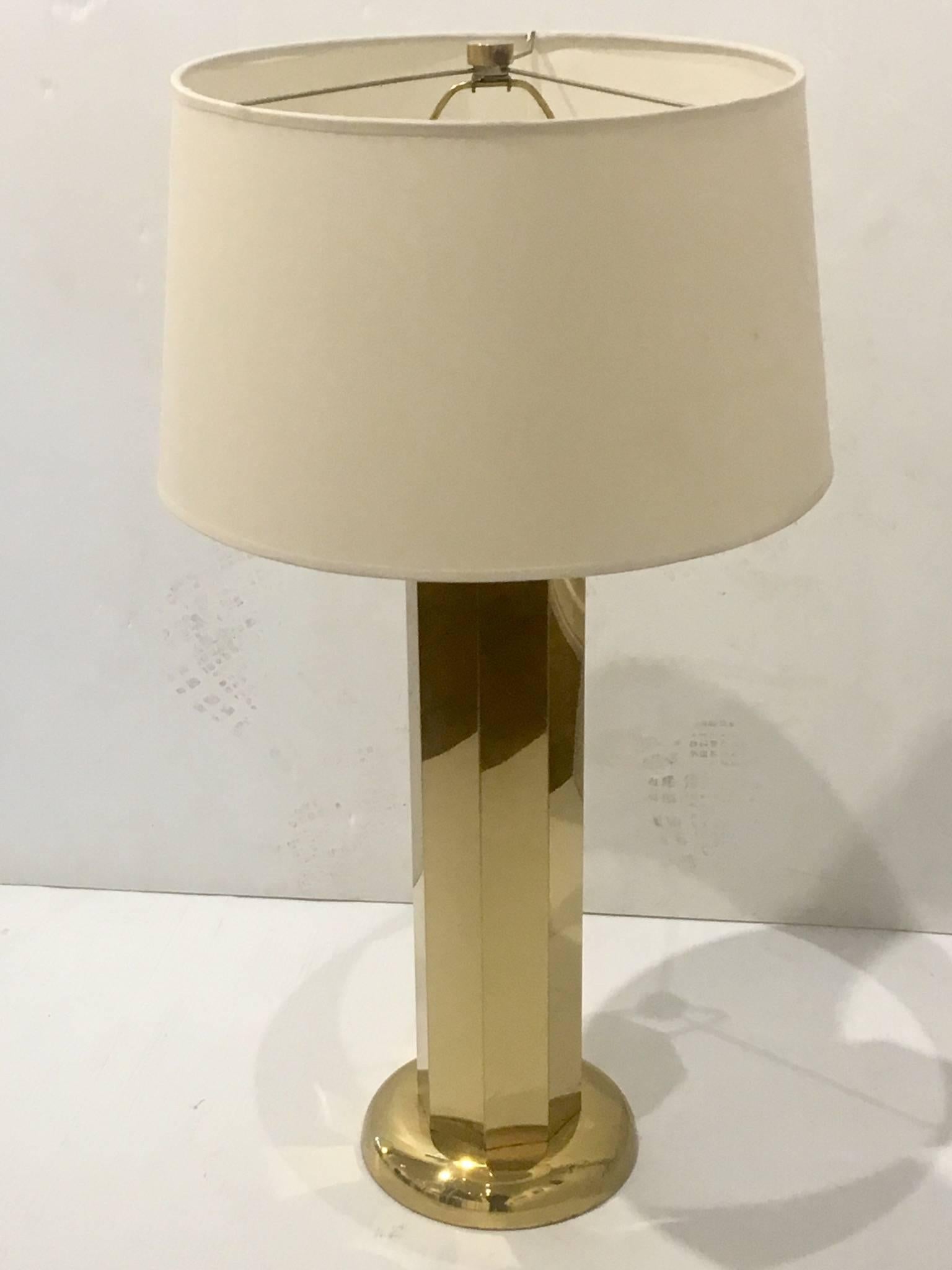 Beautiful polished brass table lamp, octagon shape in great condition lampshade included, very clean, circa 1970s.