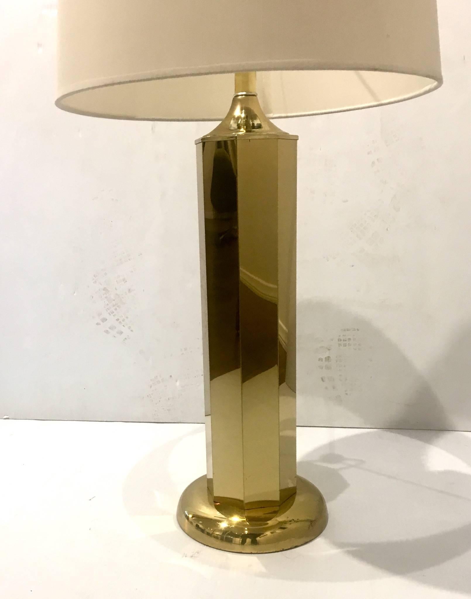 Hollywood Regency Polished Brass Octagon Tall Column Table Lamp