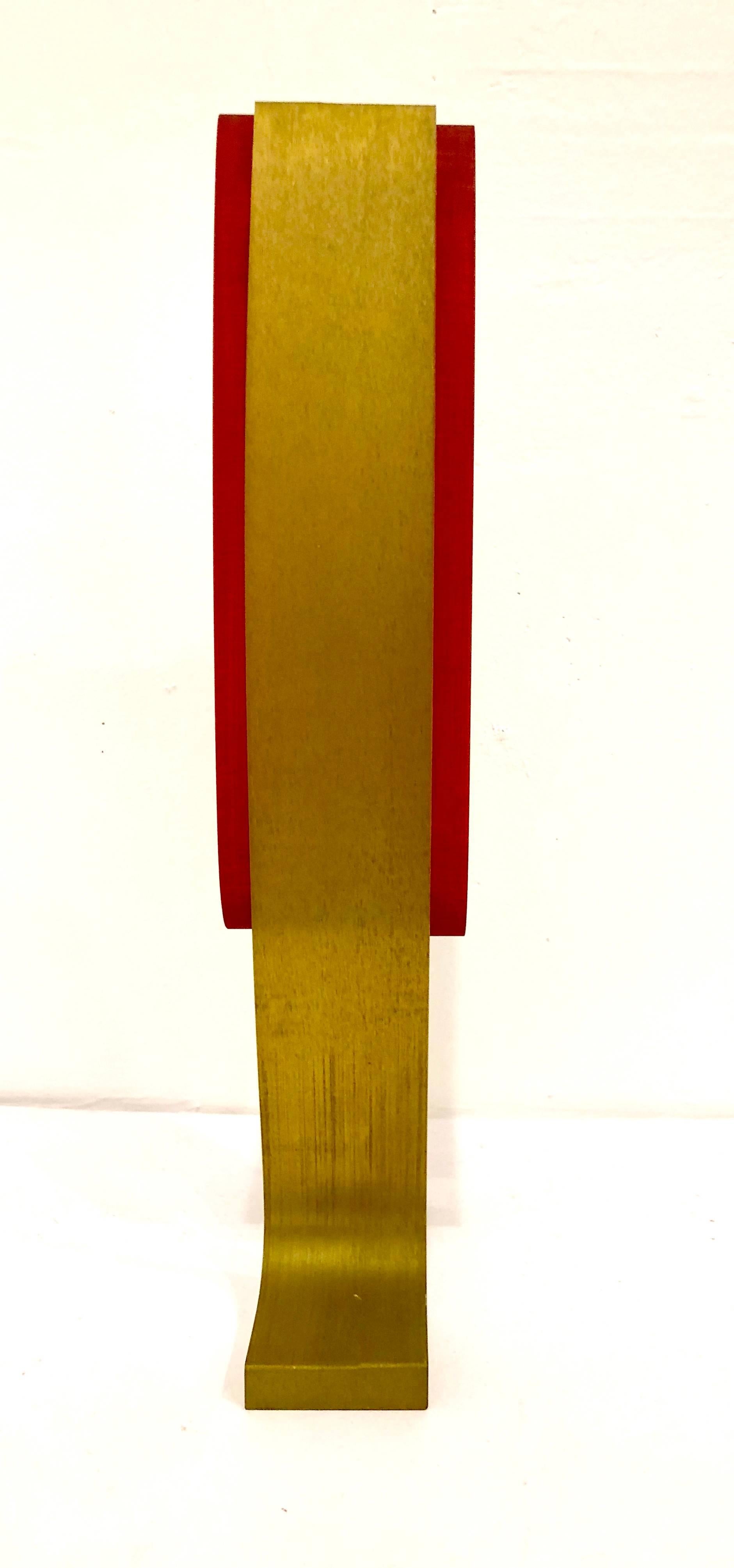Clear, yellow and red tinted Lucite Cec LePage minimalist flower vase with abstract geometric design and etched artist's signature at base.