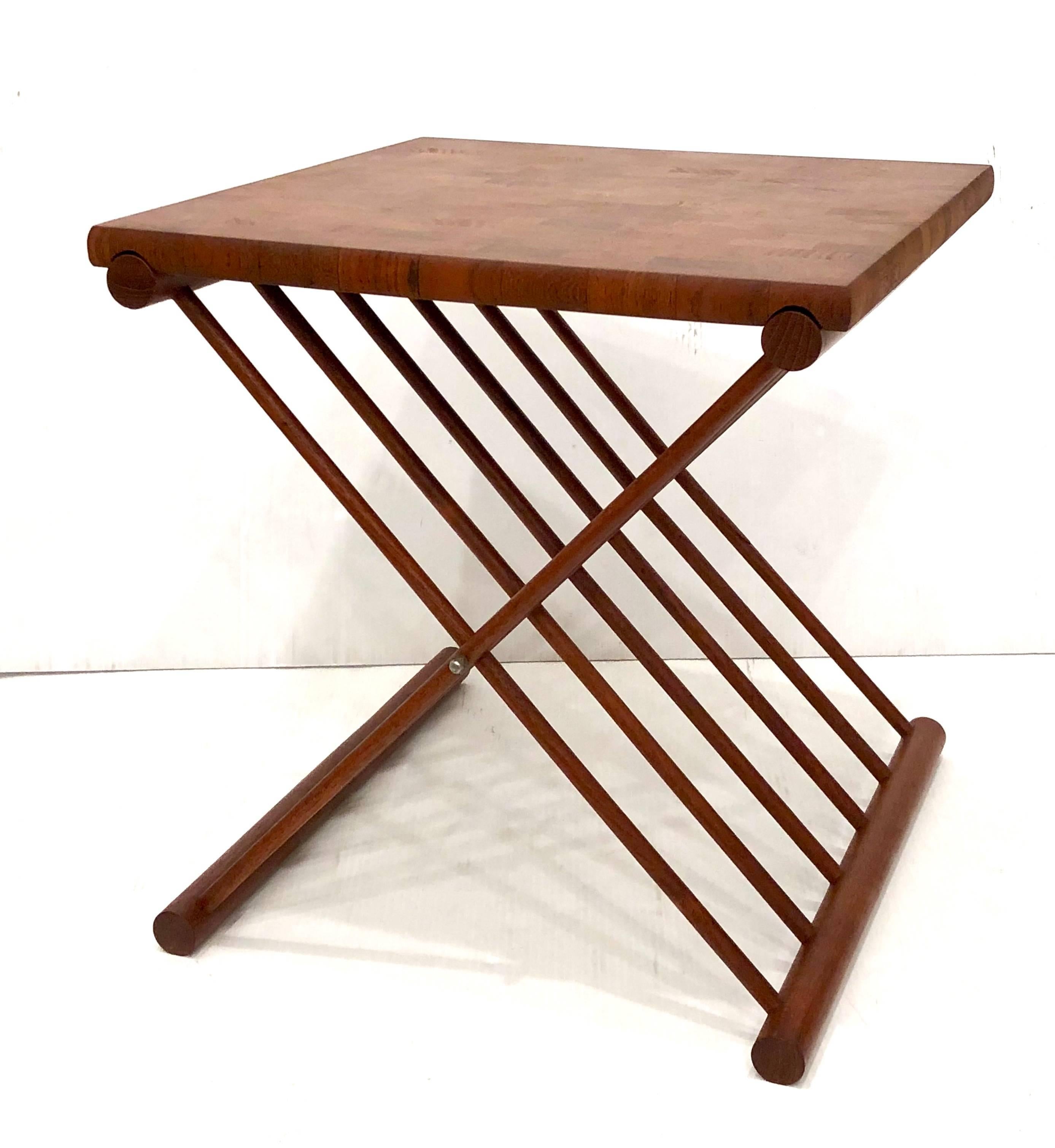 Rare and unique folding campaign style cocktail table, solid butcher block removable top table, circa 1970s.