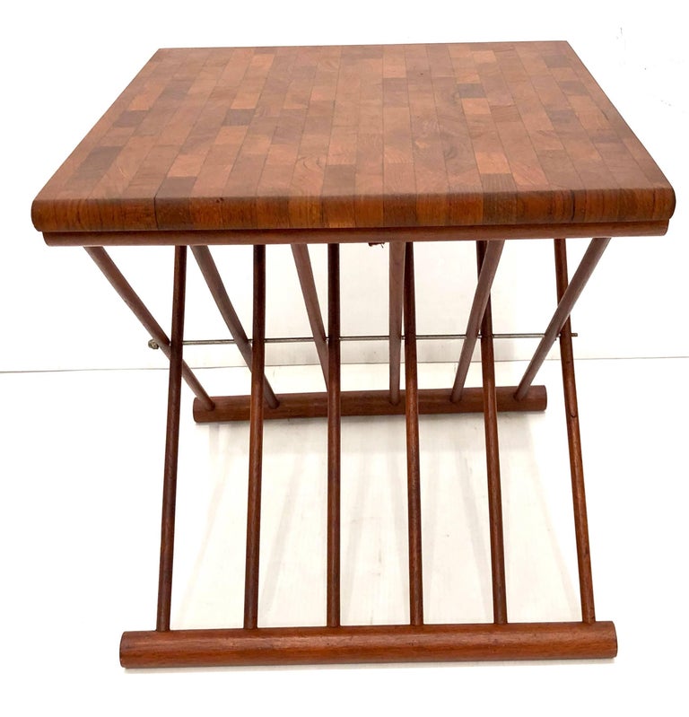 Danish Modern Solid Teak Butcher Block Folding Campaign Style Cocktail