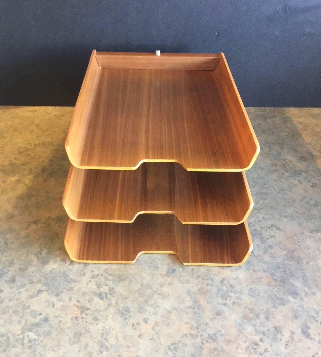 Molded Teak Plywood Triple Letter Tray by Martin Aberg for Rainbow of Sweden In Good Condition In San Diego, CA