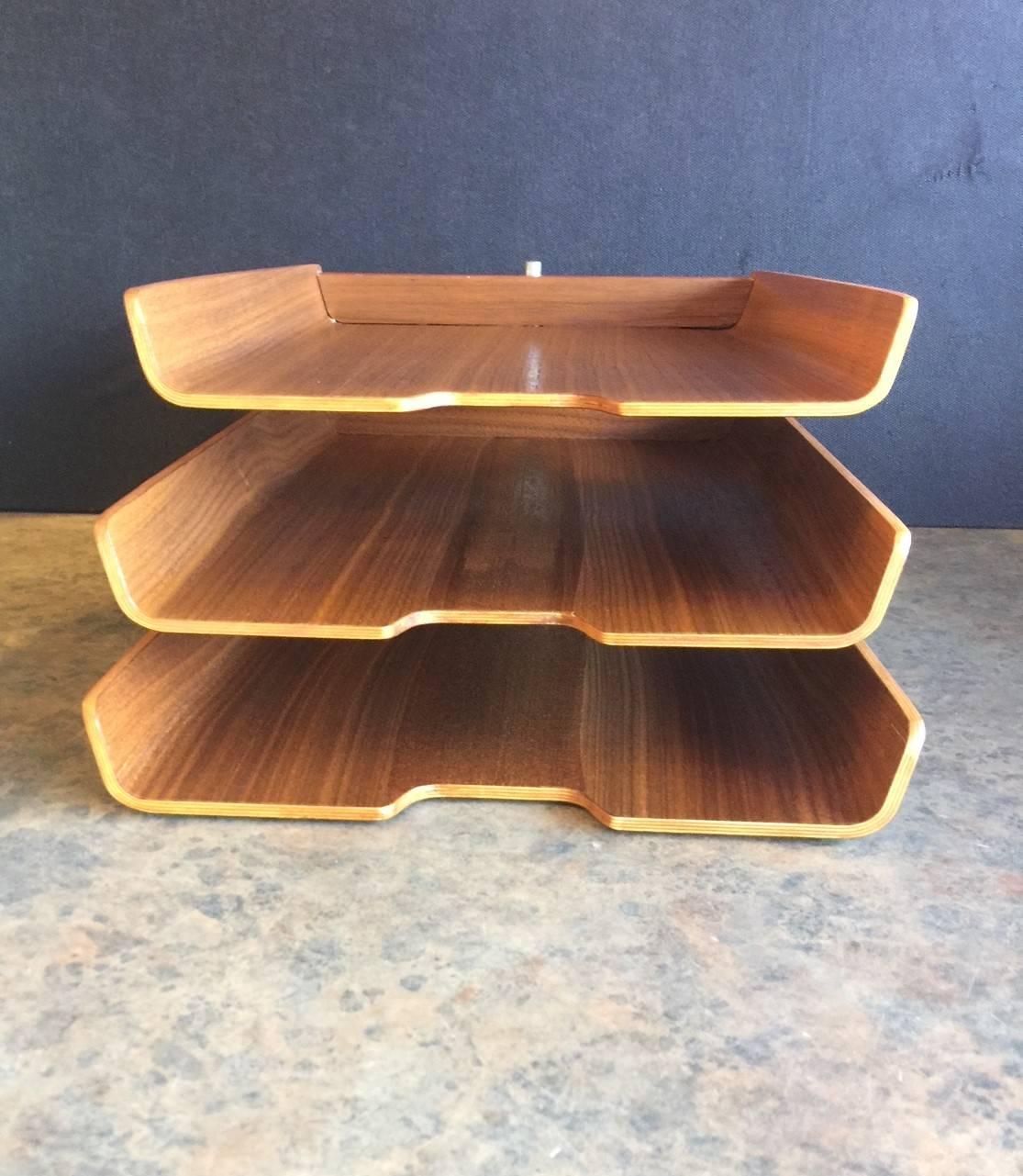 Molded Teak Plywood Triple Letter Tray by Martin Aberg for Rainbow of Sweden In Good Condition In San Diego, CA