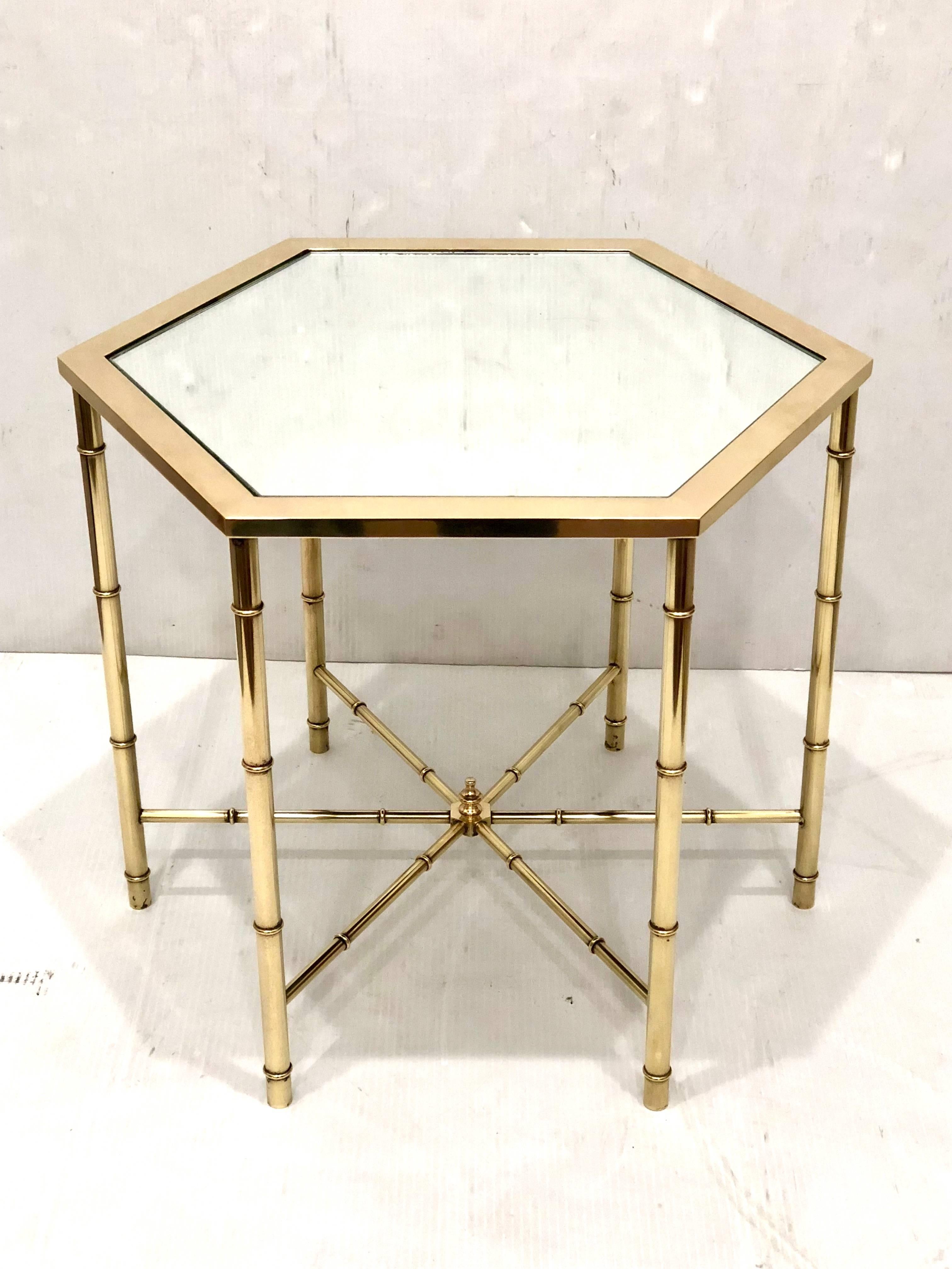 Hollywood Regency Pair of Polished Brass and Mirror Tops Hexagonal Cocktail Tables by Mastercraft
