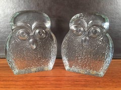 Pair of Midcentury Glass Owl Bookends by Blenko