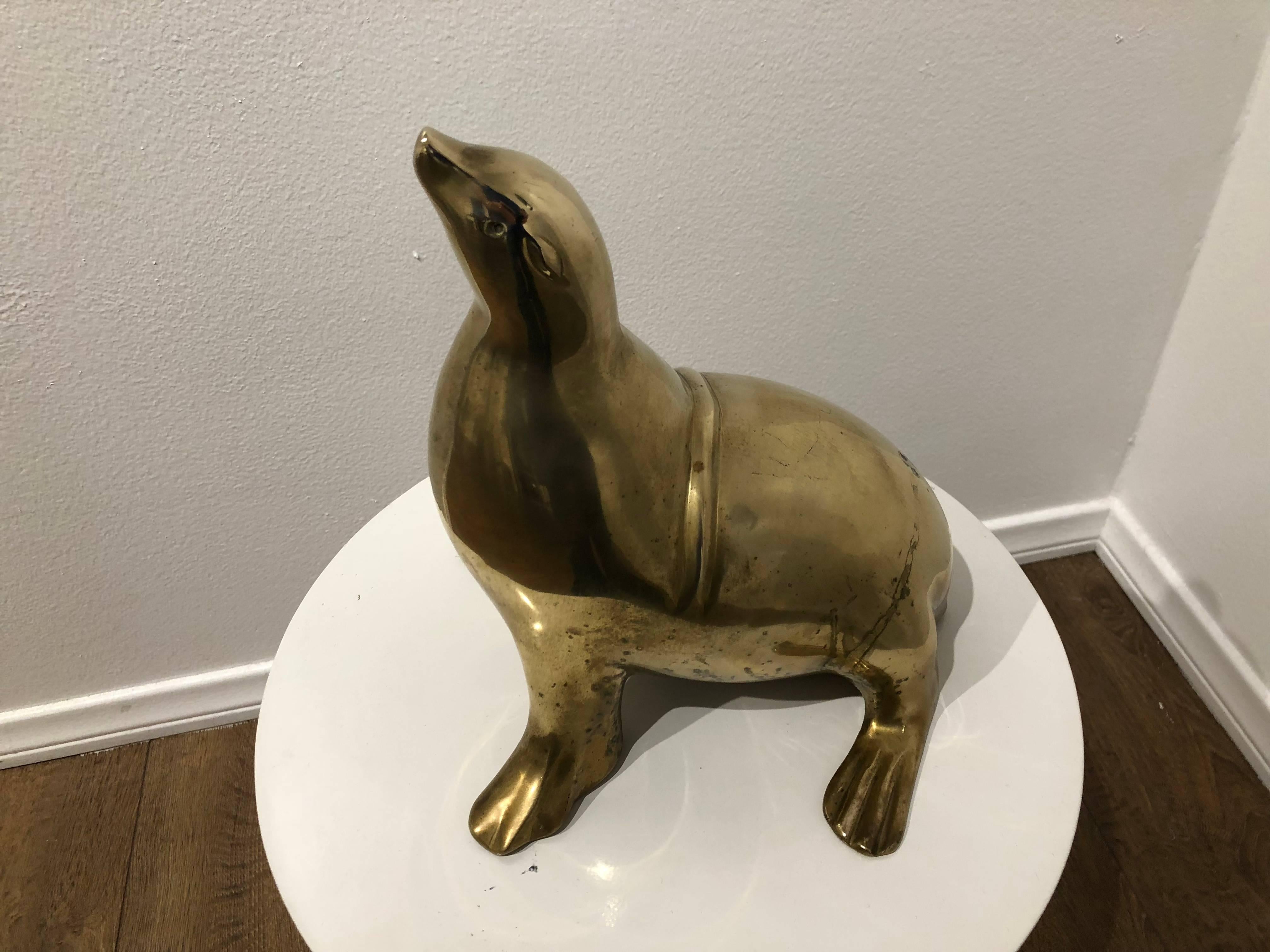 Solid Patinated Brass Massive Seal Sculpture In Good Condition In San Diego, CA