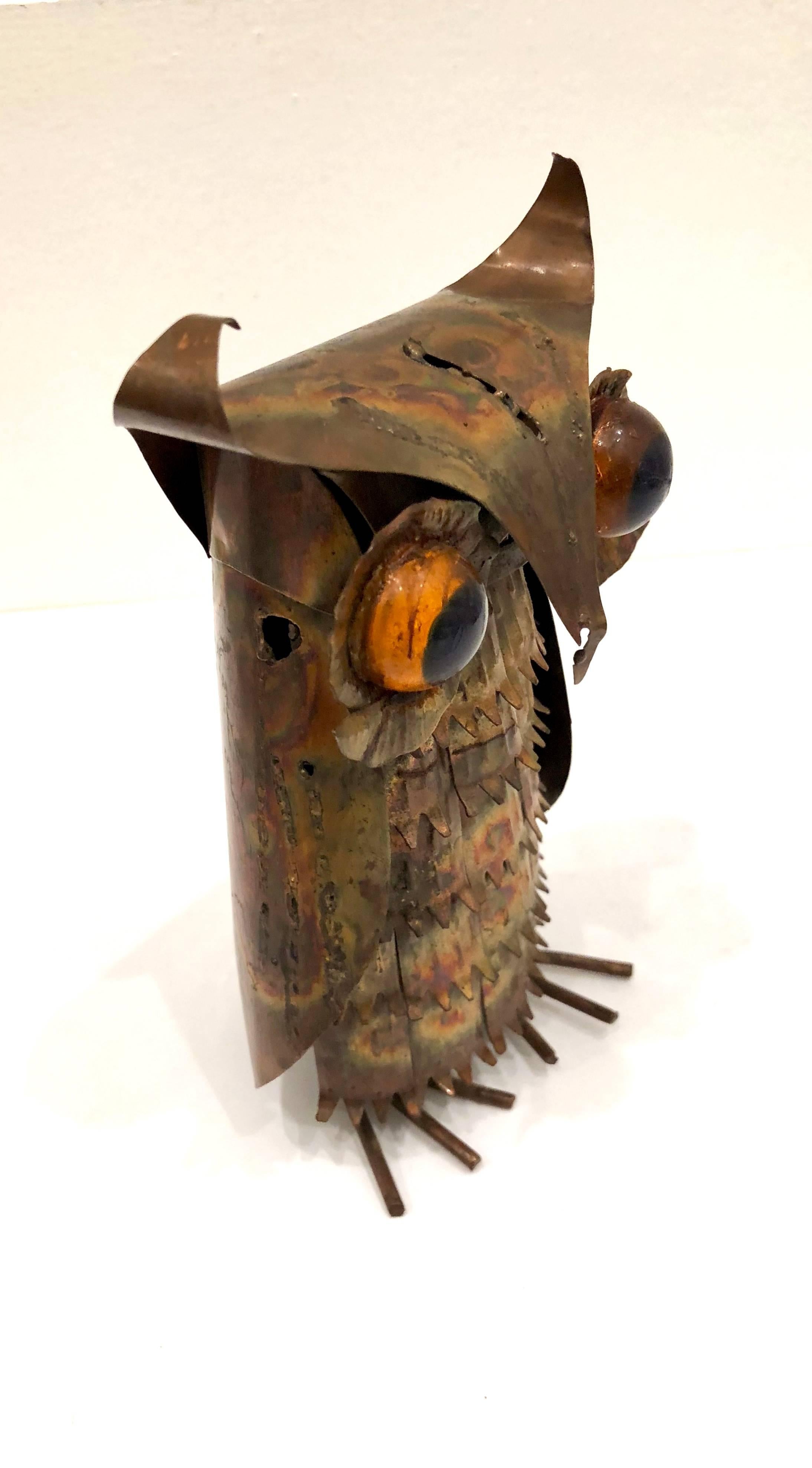 American 1970s Brutalist Metal Owl Sculpture in the Style of Curtis Jere