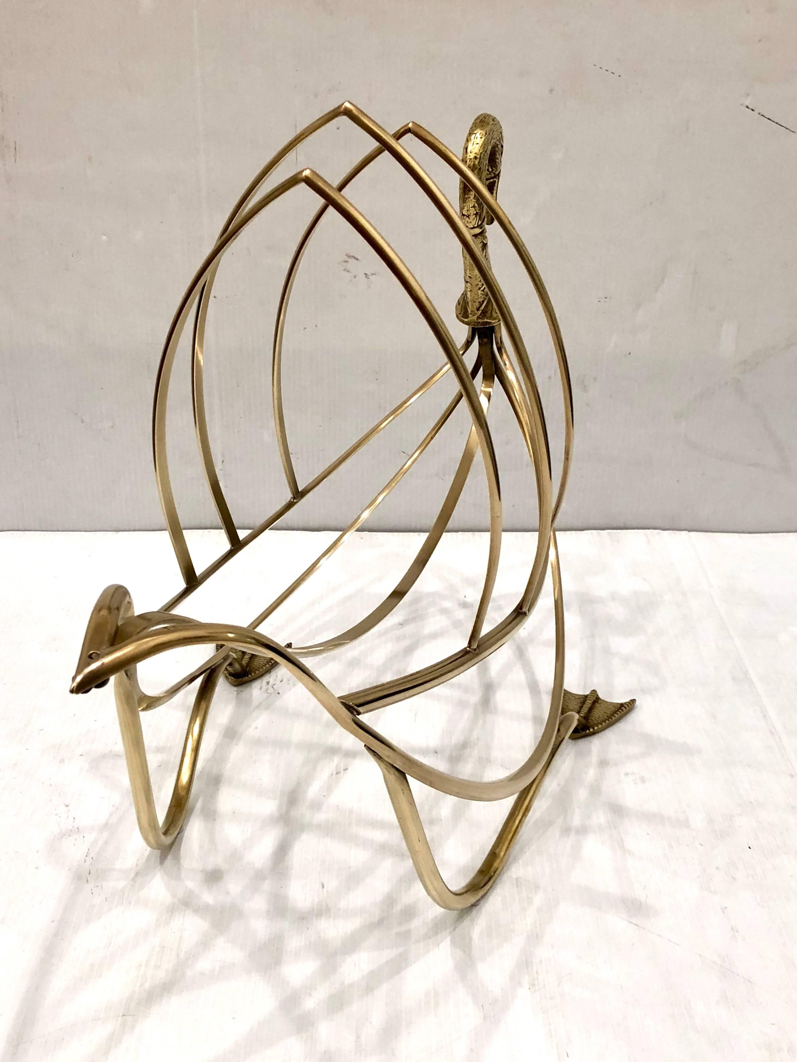 Solid Polished Brass Italian Magazine Rack Swan In Excellent Condition In San Diego, CA