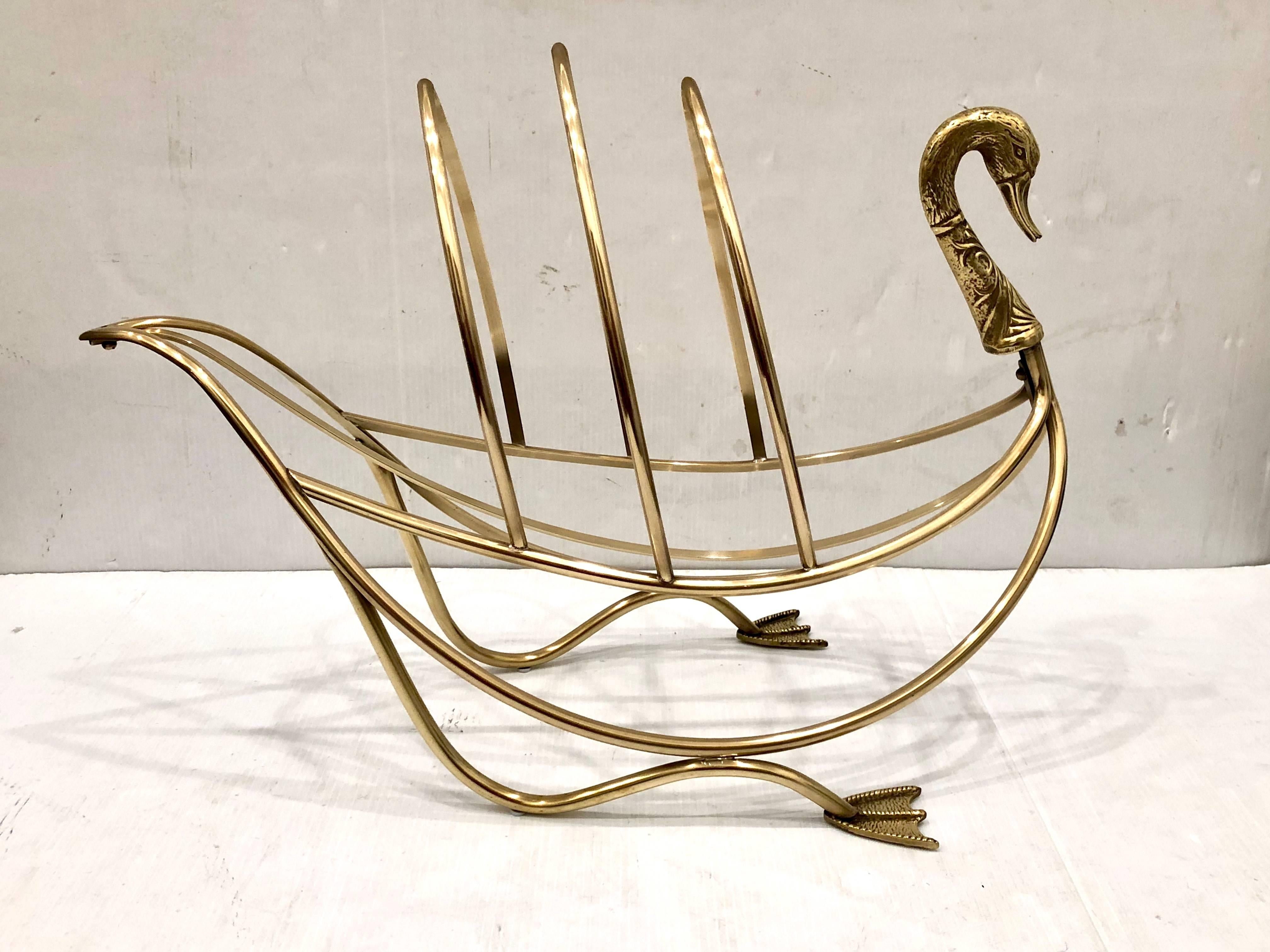 20th Century Solid Polished Brass Italian Magazine Rack Swan