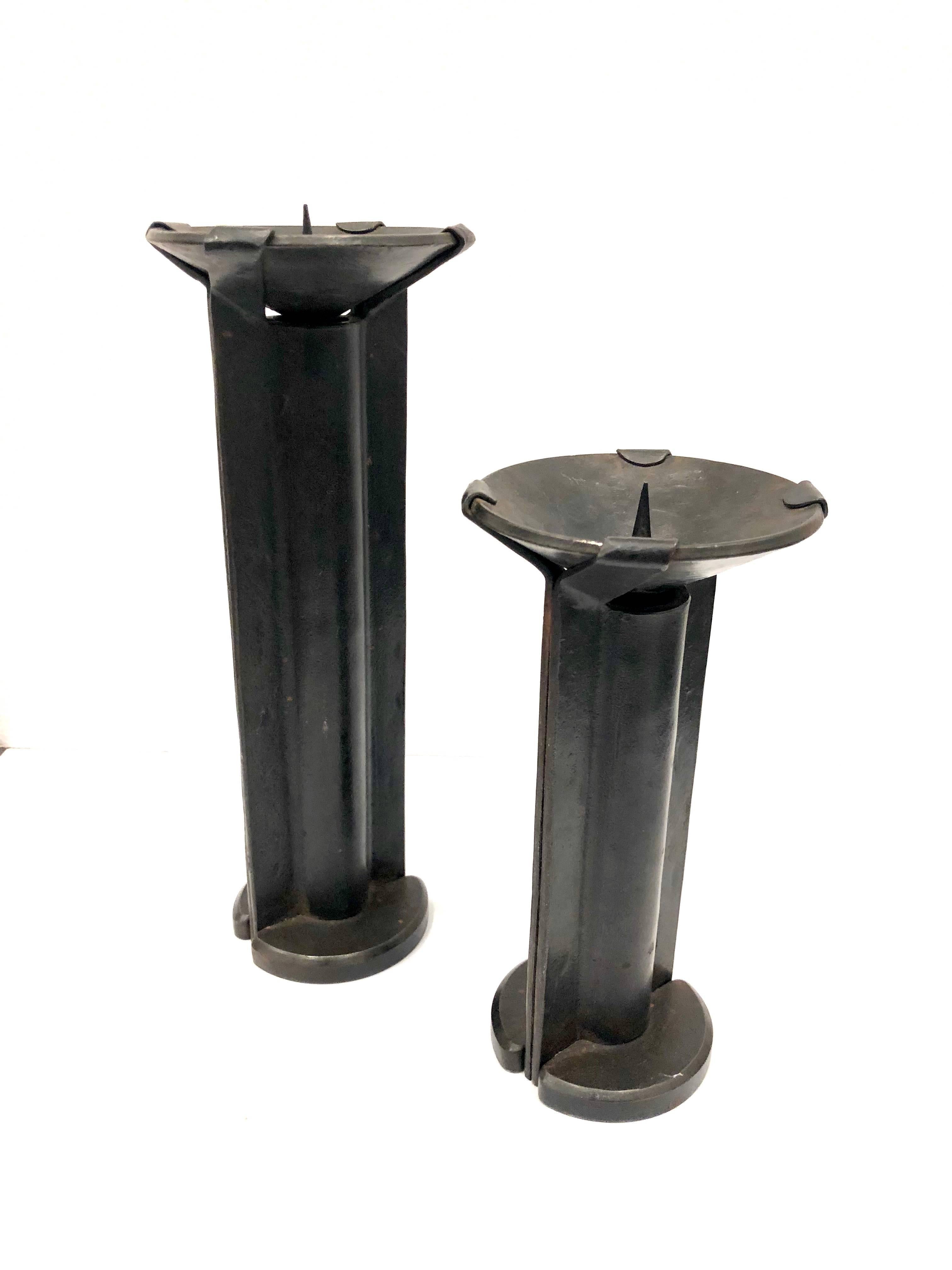 Post-Modern Pair of Modernist Solid Hand-Hammered Iron Candle Sticks Stamped 