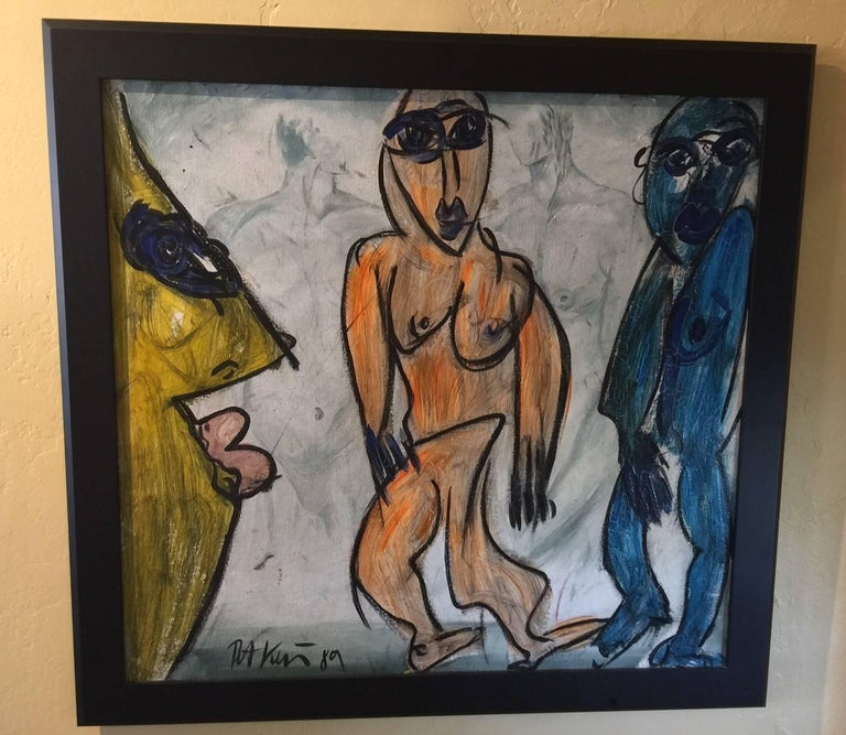 A very cool expressionist figural painting by German artist Peter Keil, circa 1989. The painting is signed and dated; oil on canvas and measures 37