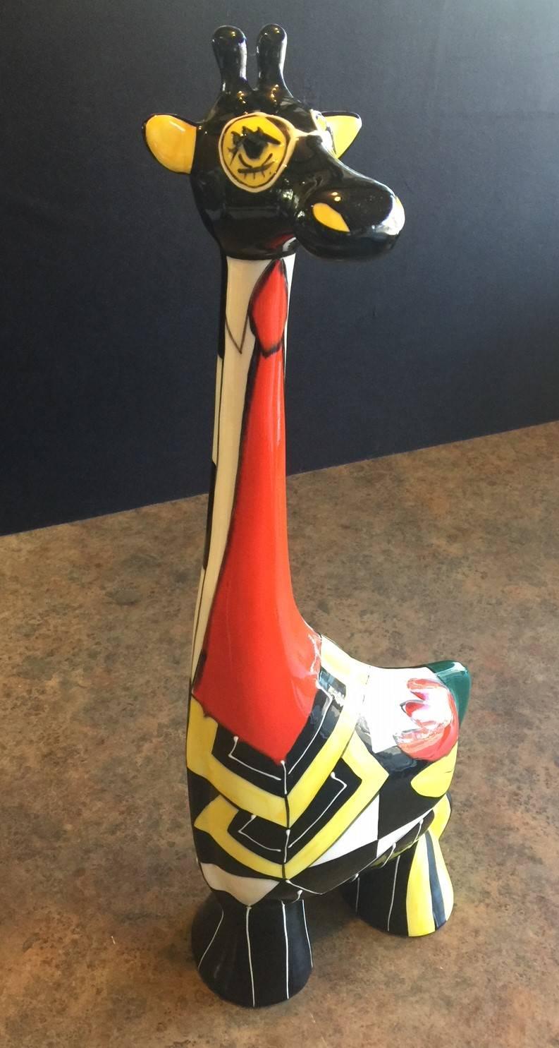 Fun and colorful high glazed ceramic giraffe sculpture by Turov of Russia. The piece is in excellent condition, signed and 25