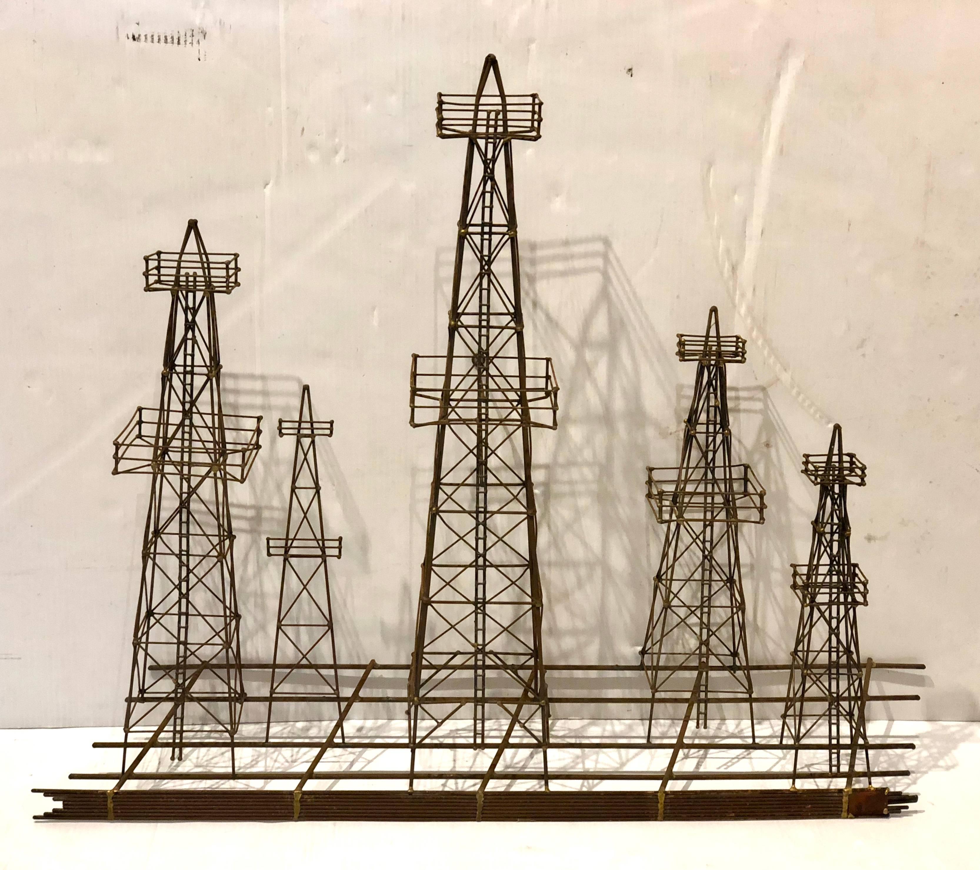 American Unique 3D Oil Towers Metal Wall Sculpture, circa 1970s