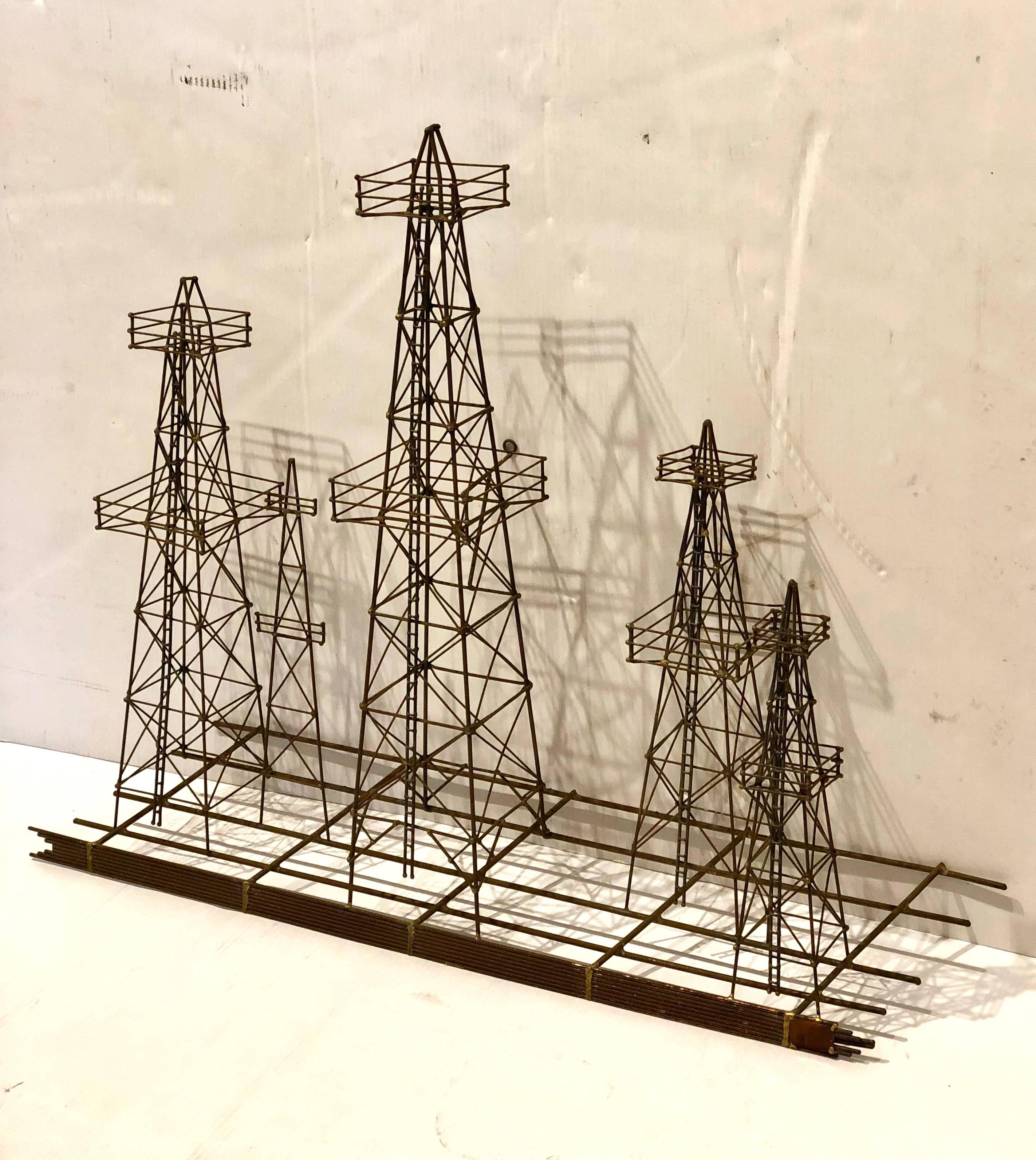 Mid-Century Modern Unique 3D Oil Towers Metal Wall Sculpture, circa 1970s