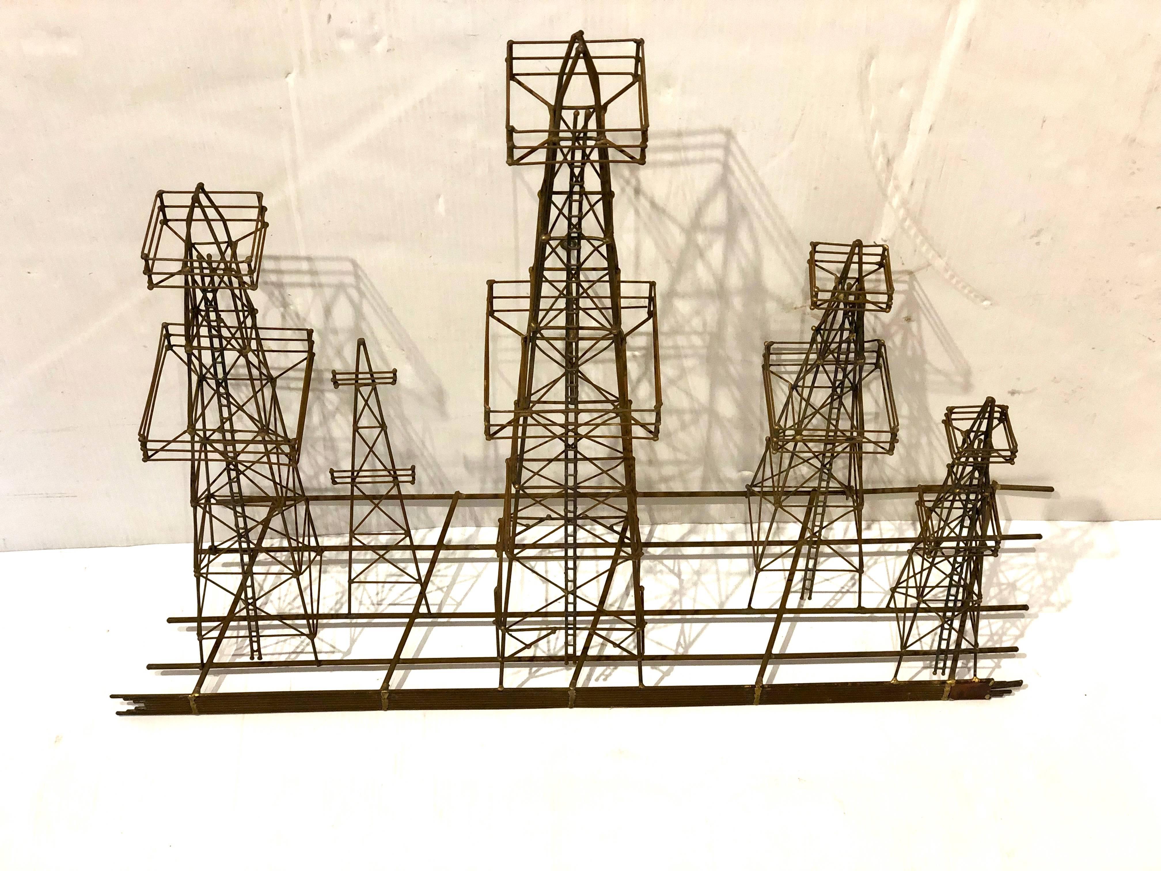 Unique 3D Oil Towers Metal Wall Sculpture, circa 1970s In Good Condition In San Diego, CA
