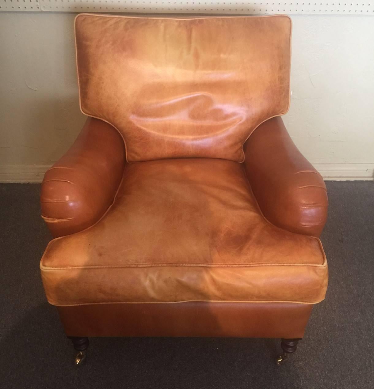 English Pair of Distressed Leather Club Chairs by George Smith