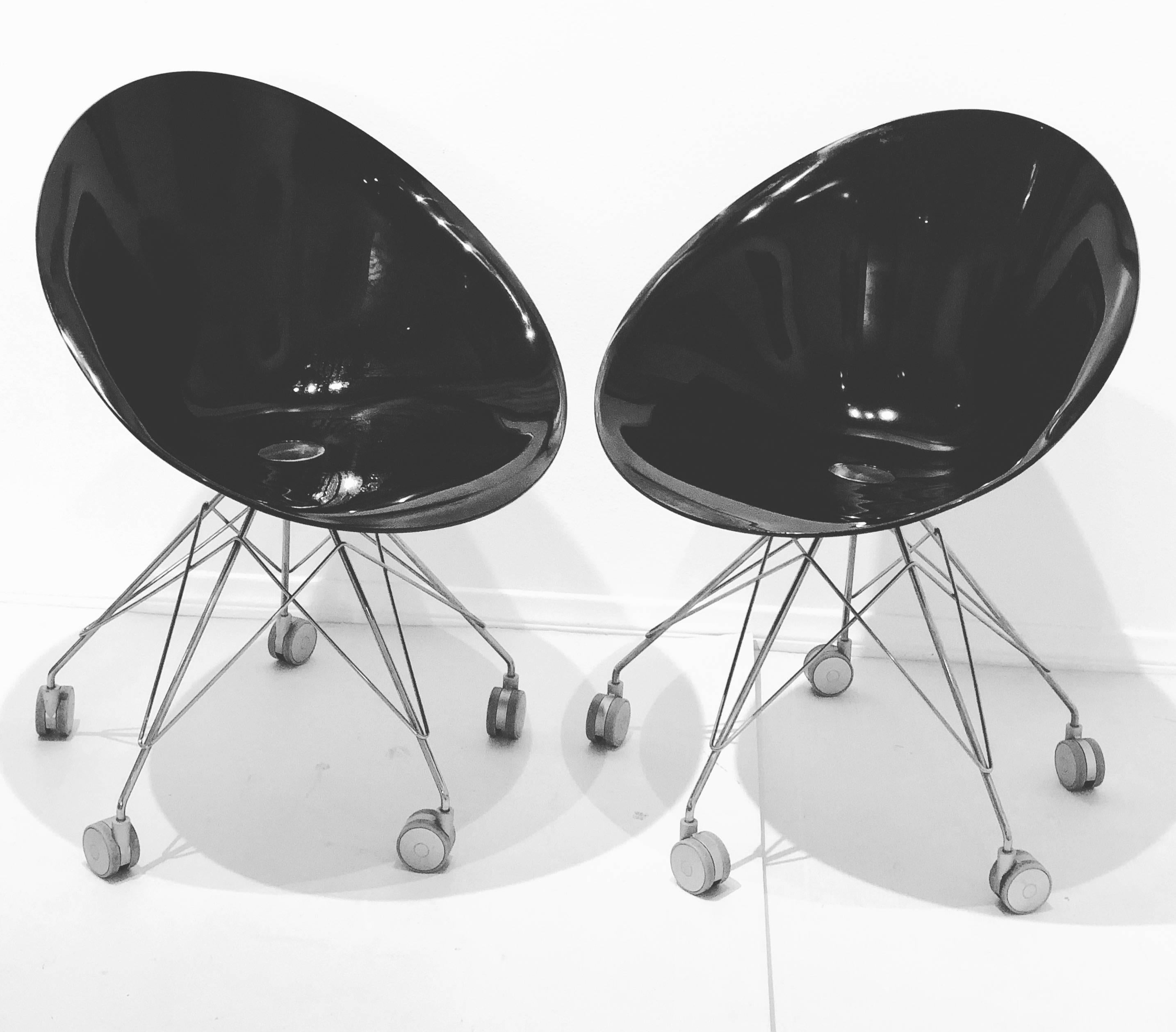 Italian Pair of Eros Chairs by Phillippe Starck for Kartell in Black and Chrome