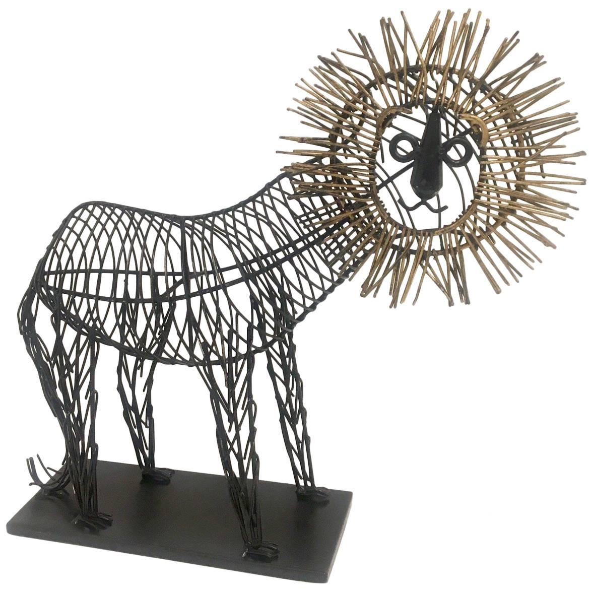 Whimsical Metal Wire Lion Sculpture Unsigned in the Style of C. Jere