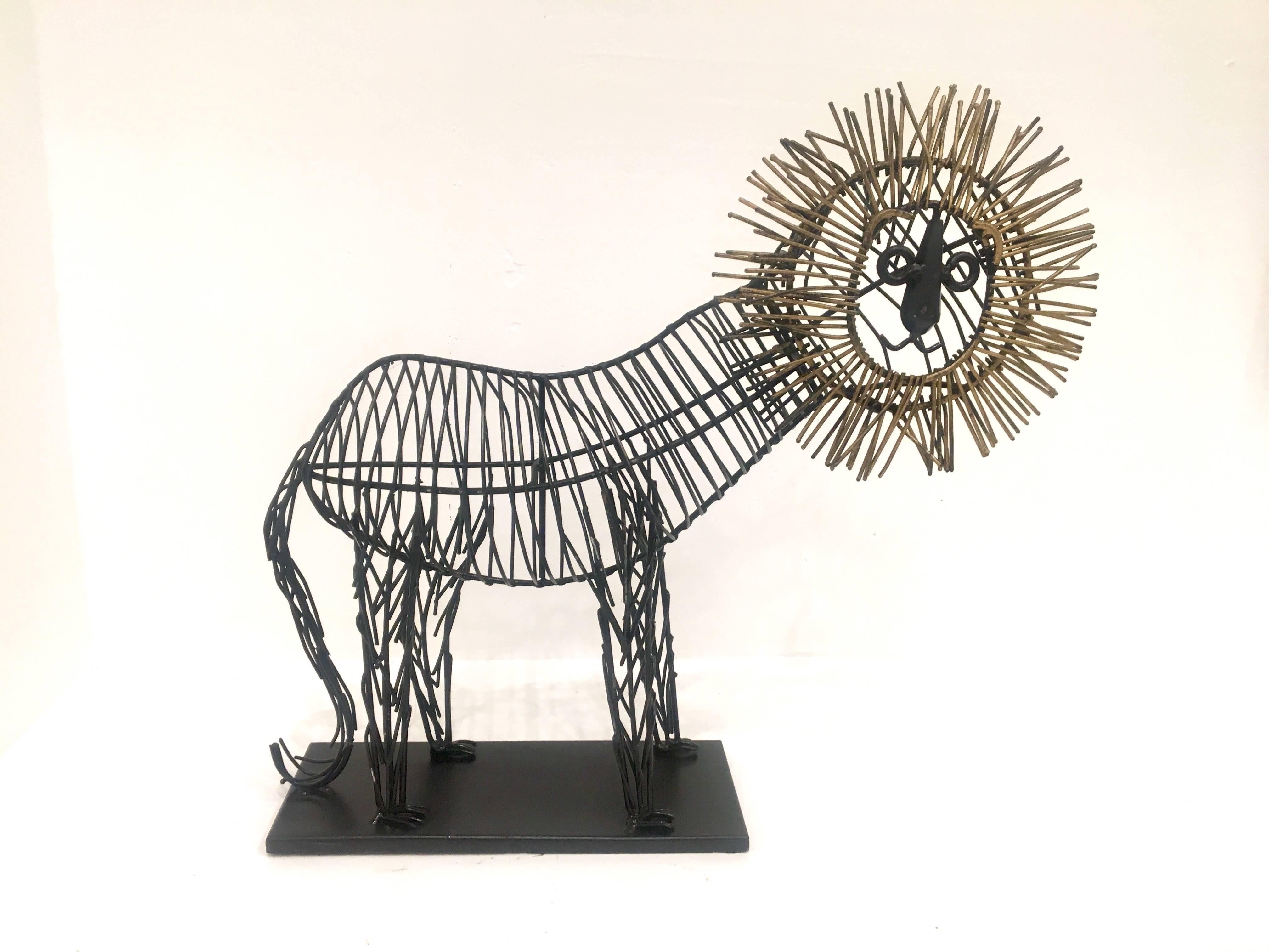 Mid-Century Modern Whimsical Metal Wire Lion Sculpture Unsigned in the Style of C. Jere