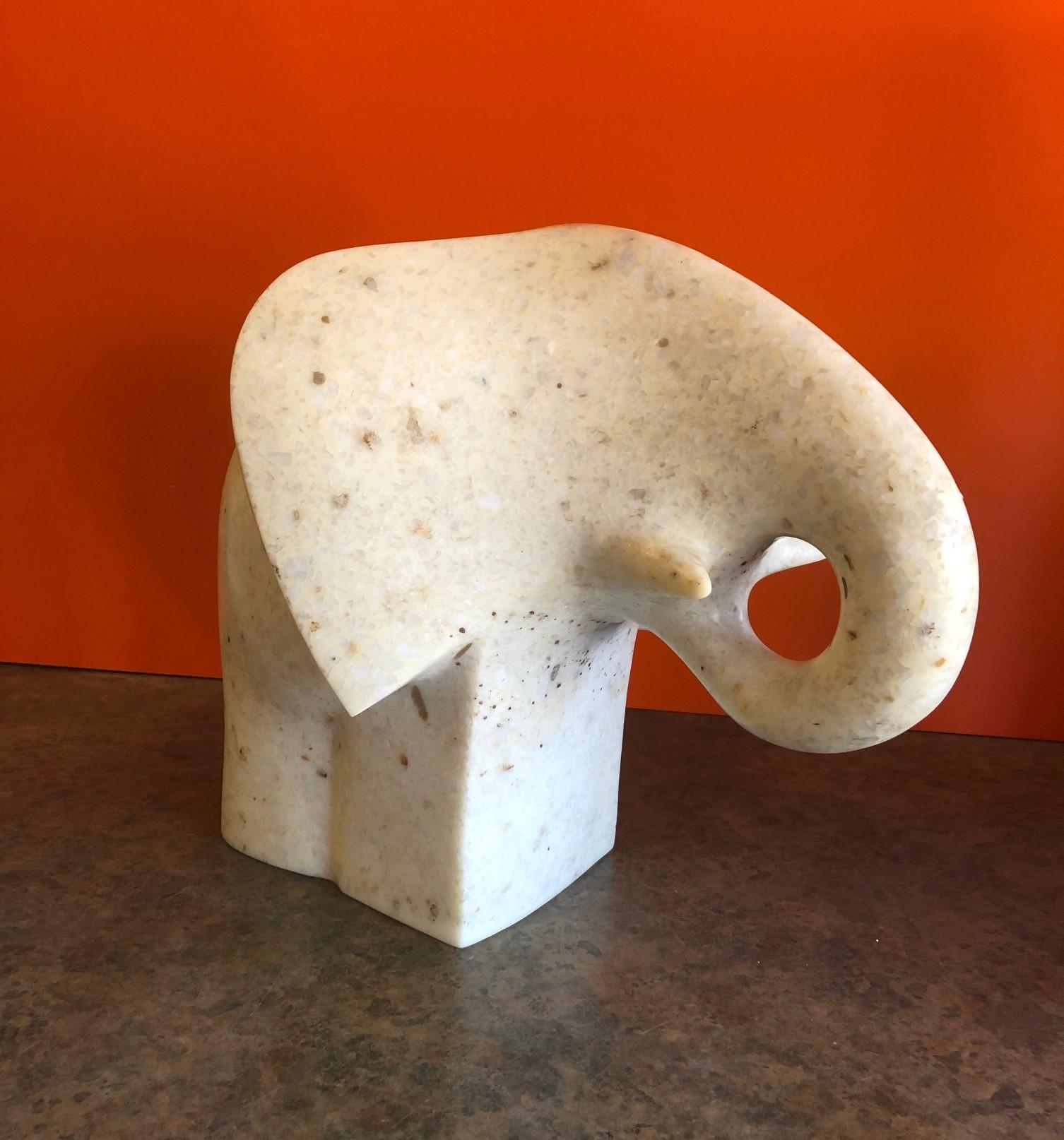 Carved White Marble Modernist Elephant Sculpture by Japanese Artist Masatoyo Kishi Kuki