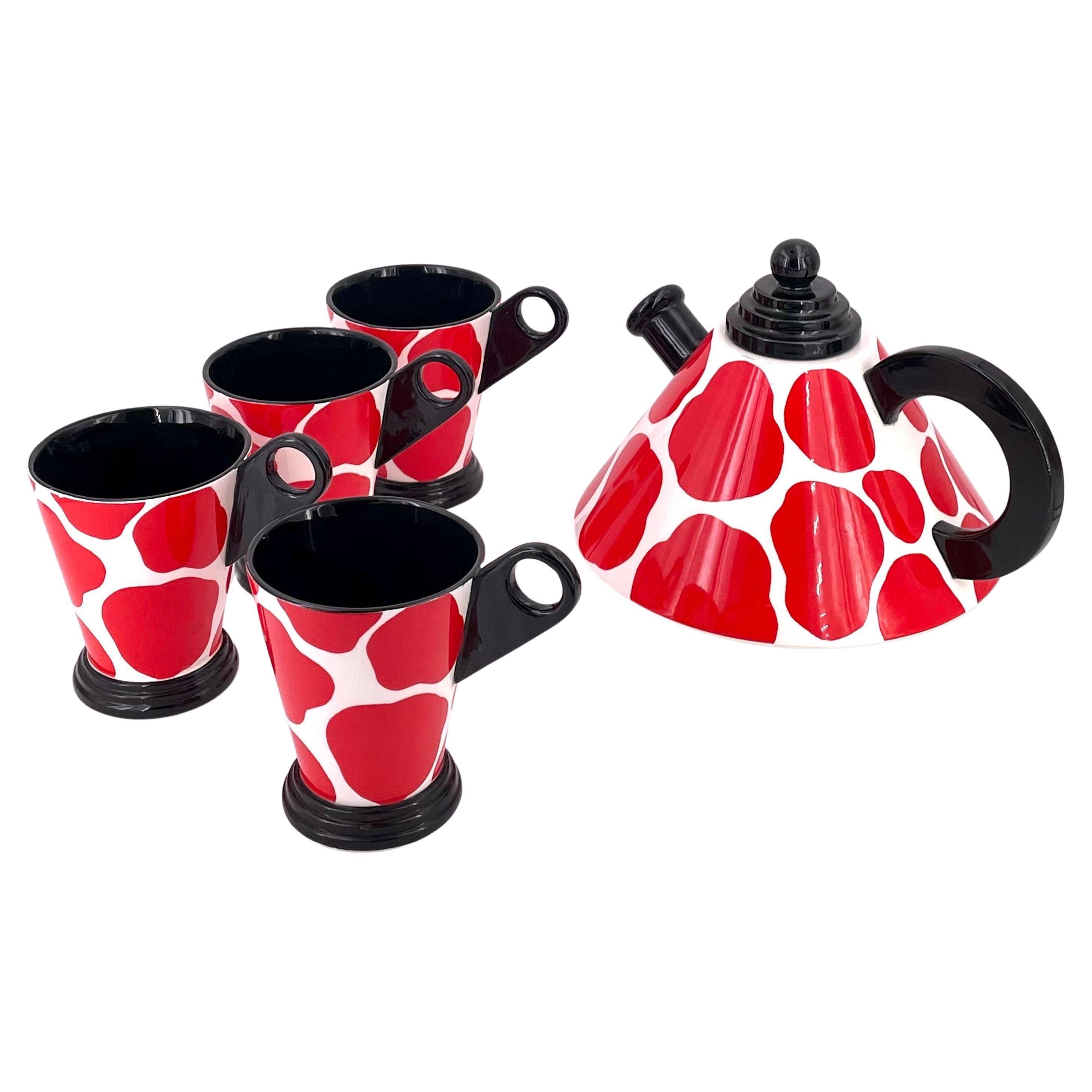 Tetera y tazas de porcelana postmodernas Memphis de Fitz and Floyd, 1985