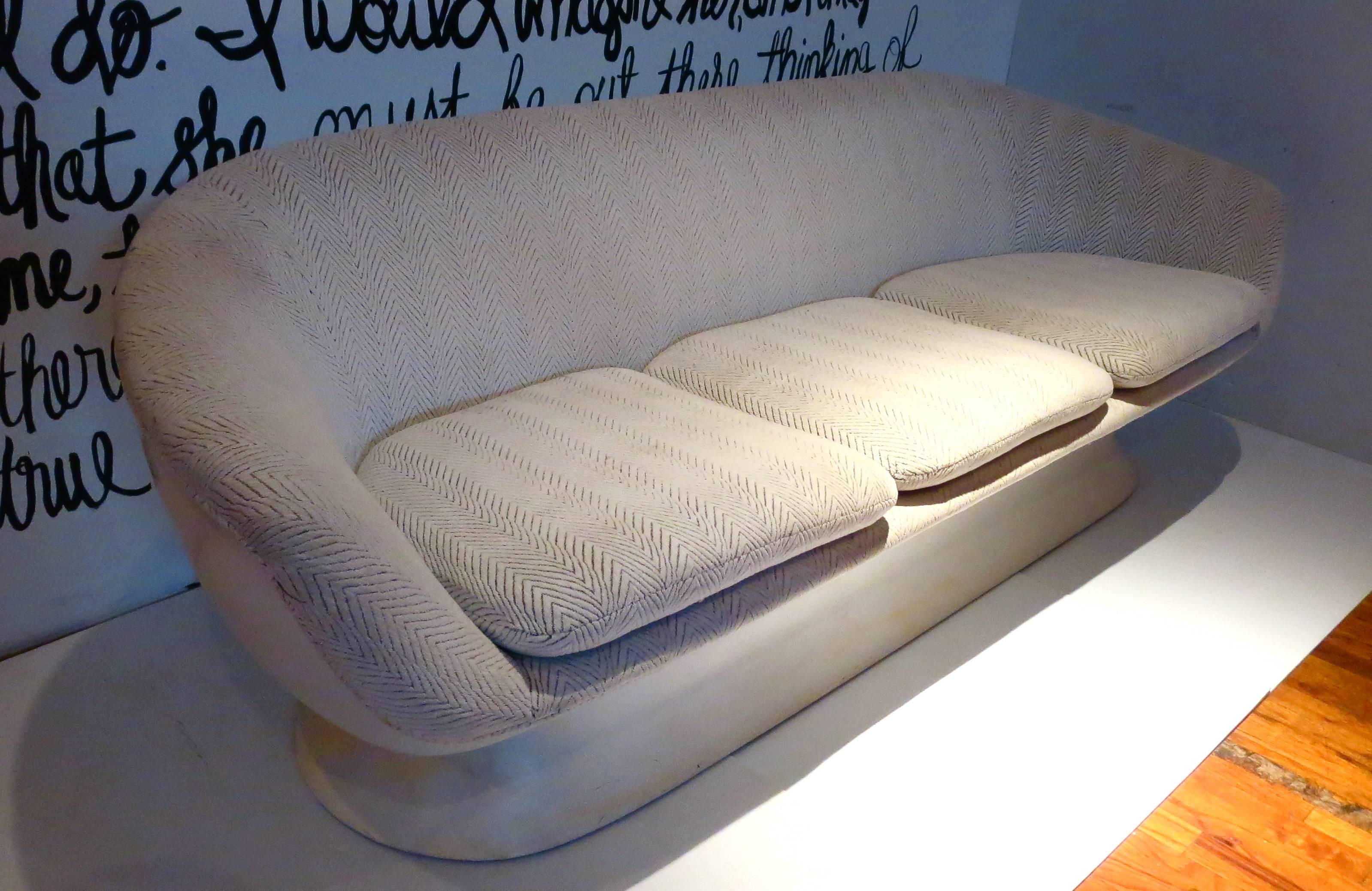 Sexy lines on this unique and rare sofa by Chromcraft, circa 1960s upholstered a couple of years ago, in a cream stripe material, very nice and clean non smokers home, the shell its in good condition shows some wear and discoloration in some spots