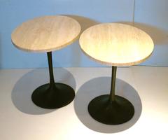 1970s Pair of Traventine and Black Enameled Metal Bases Oval End Tables