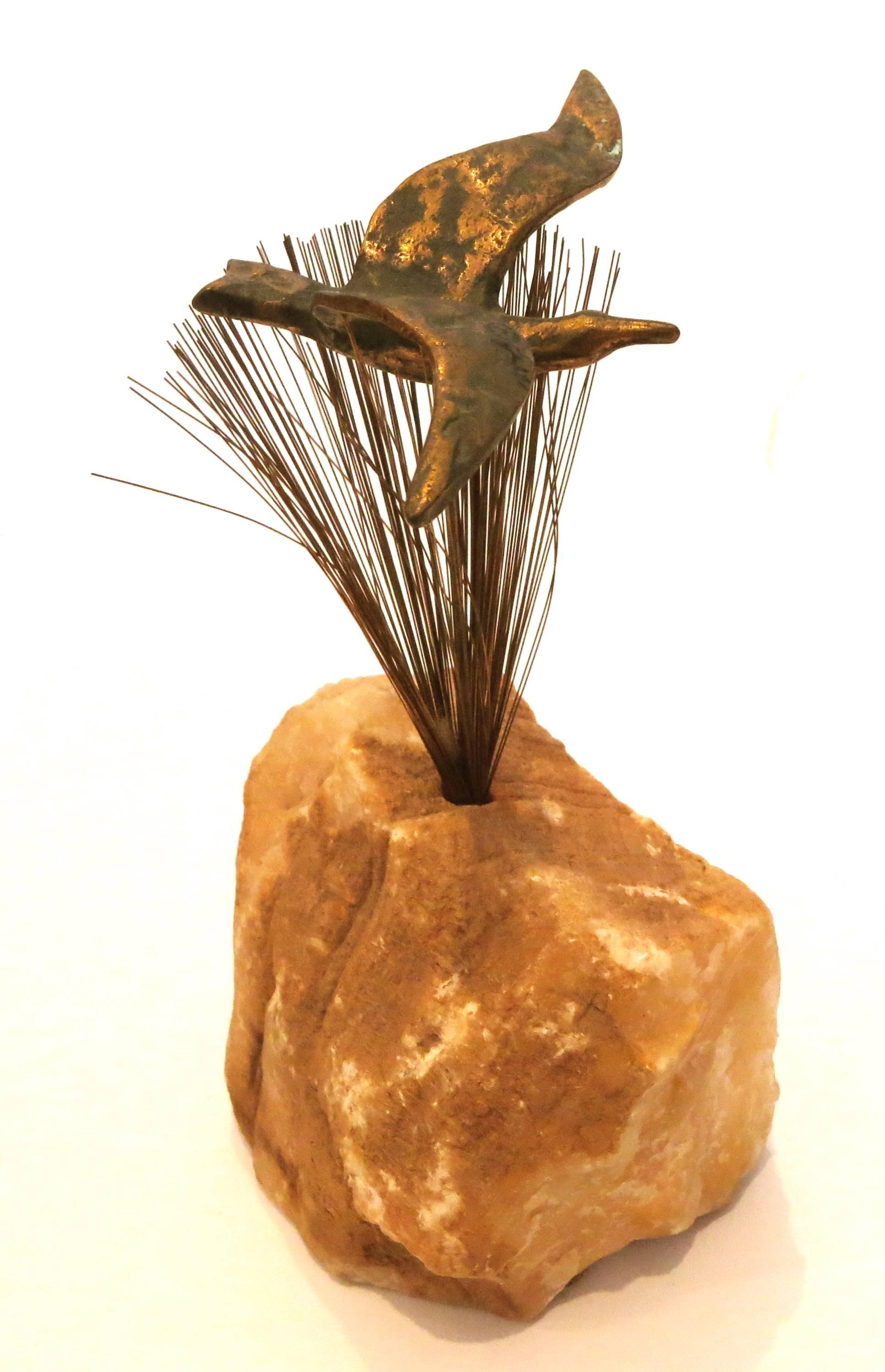 Mid-Century Modern Flying Bird Solid Bronze and Raw Marble Sculpture by Curtis Jere studio