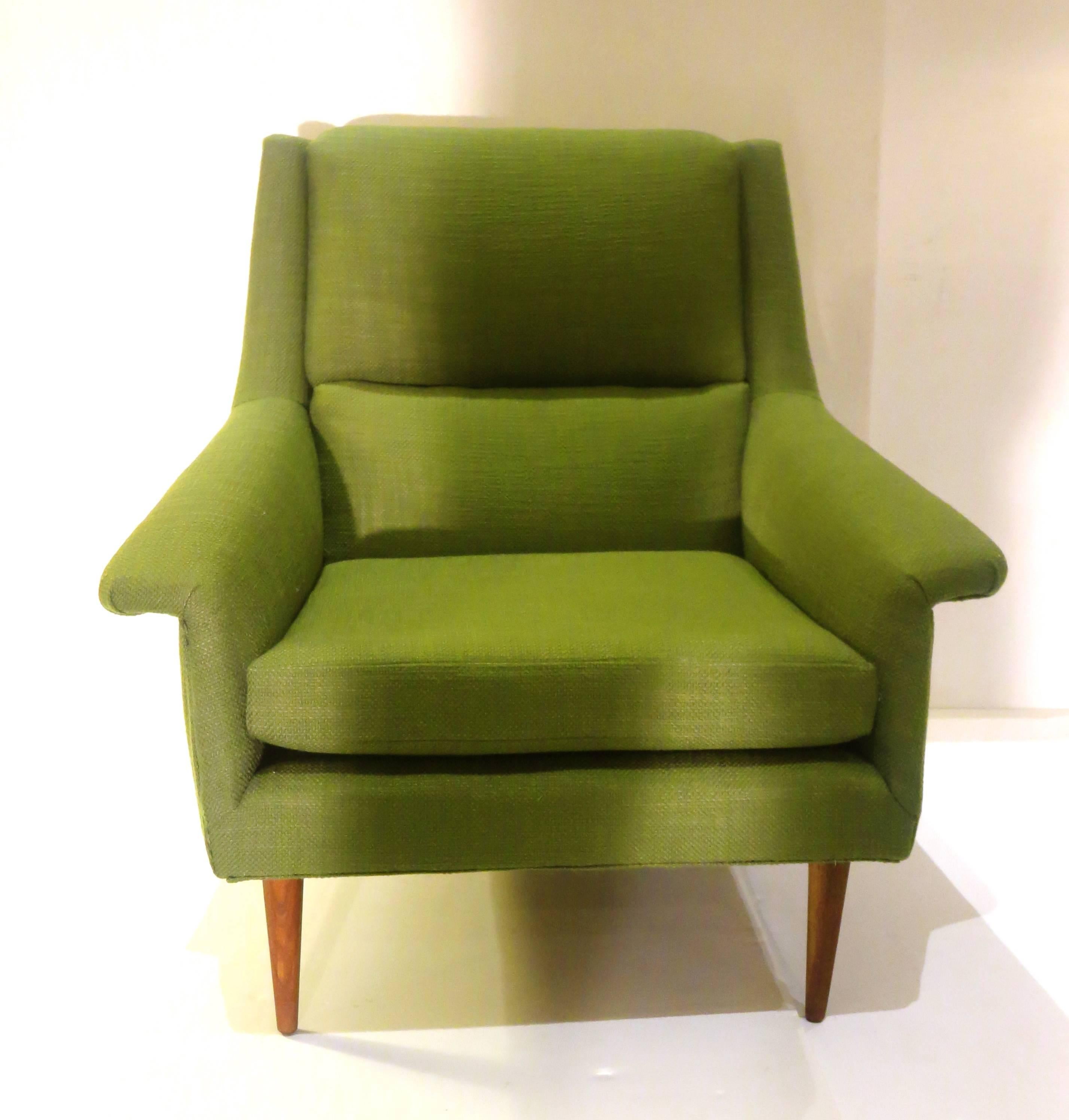 Classic Danish modern arm lounge chair manufactured by Dux of Sweden circa 1950s , freshly recover in kelly green tweed material , sitting in 4 solid teak tappered legs , solid and sturdy , beautiful lines nice and comfy.