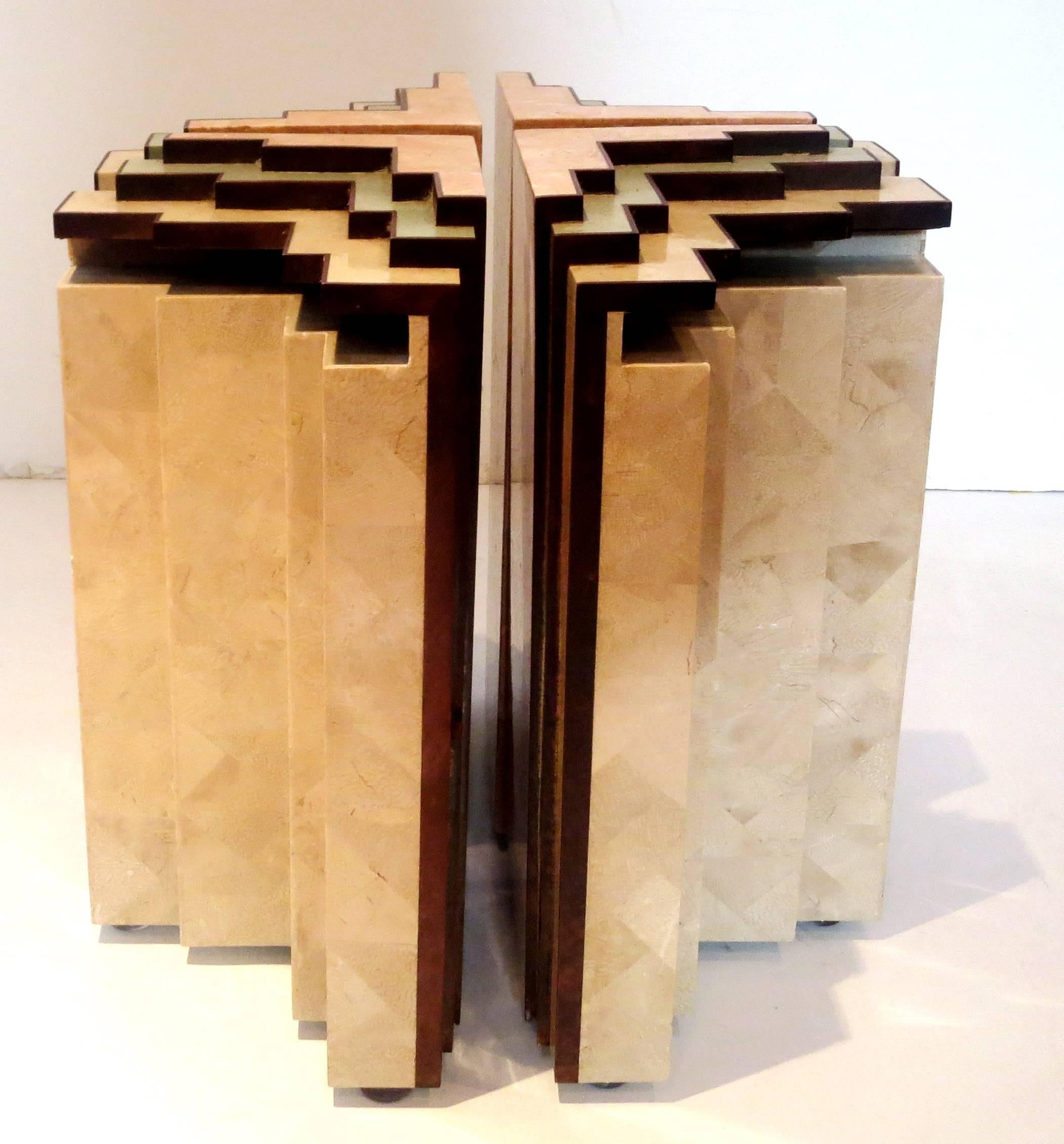 Tessellated Pink, Green & Beige Marble Coffee Table Bases by Maitland-Smith In Excellent Condition In San Diego, CA