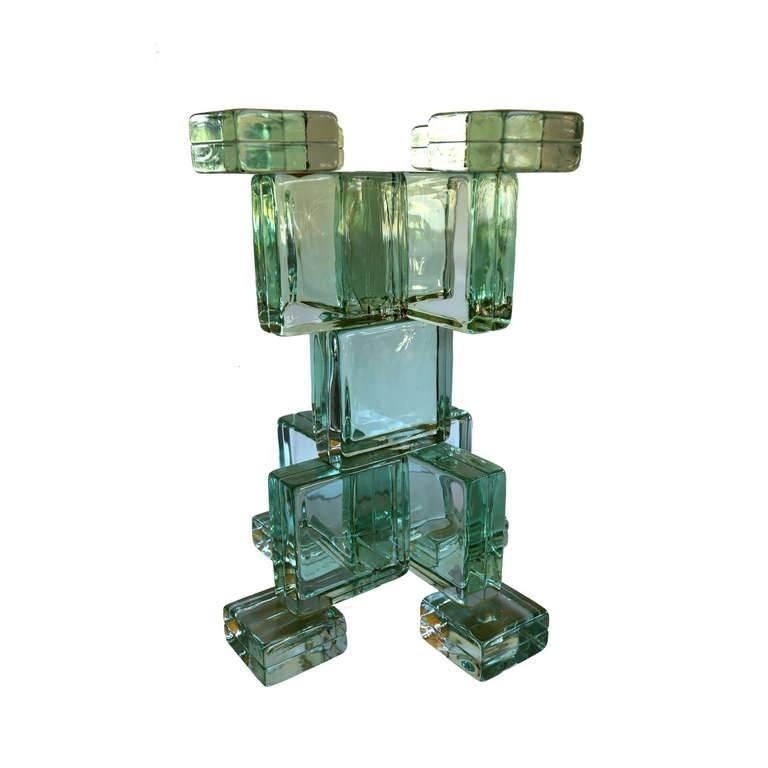 Incredible solid molded square green glass bricks, glued together, to form a sculptural glass base, it can take a round or square glass or marble top, each glass cube its 4 3/4