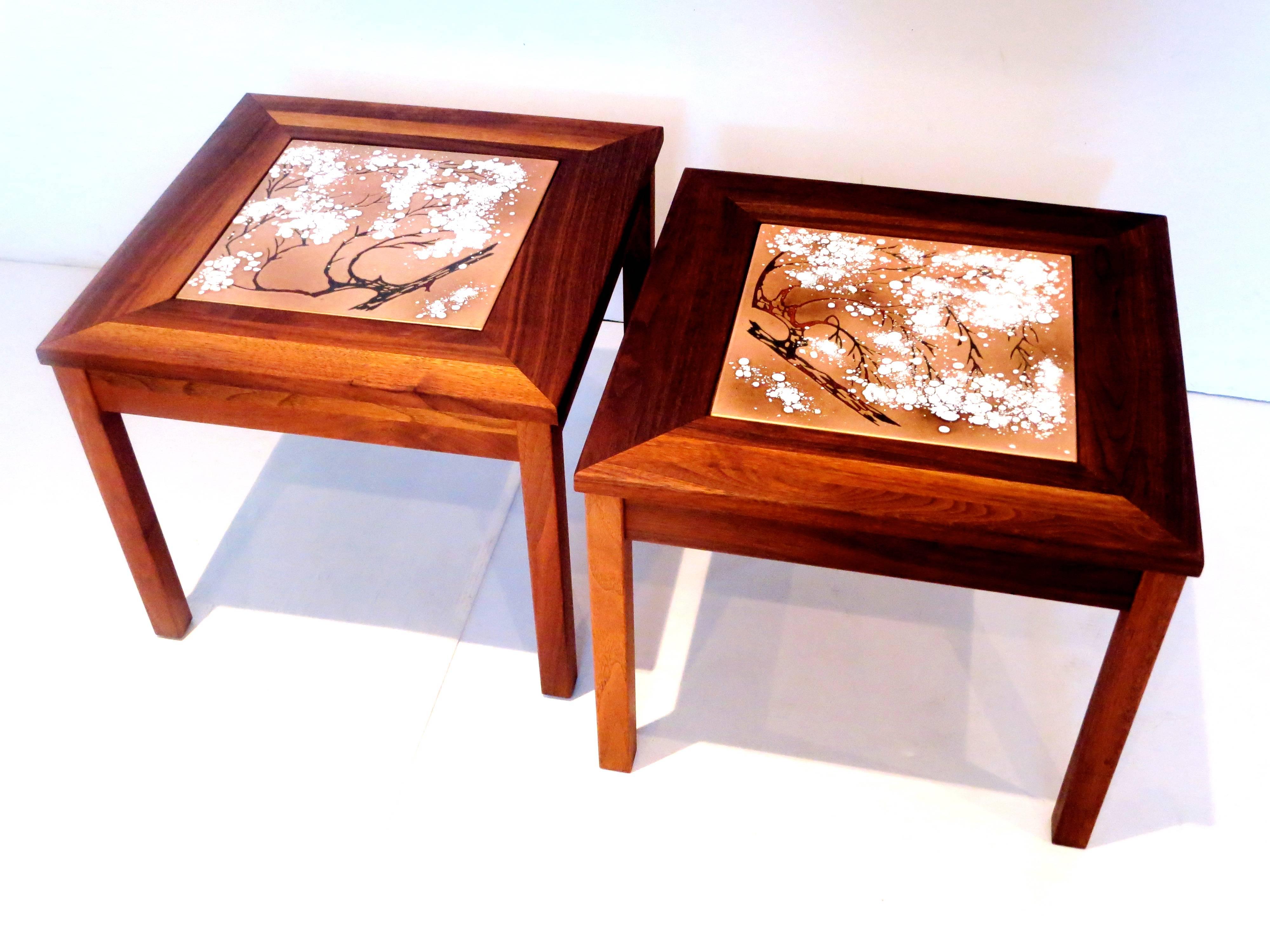 Nice and unique set of solid walnut frames with copper and enameled centers, beautiful design, the tables have been refinished and they are solid and sturdy, hand rubbed walnut oil finish.