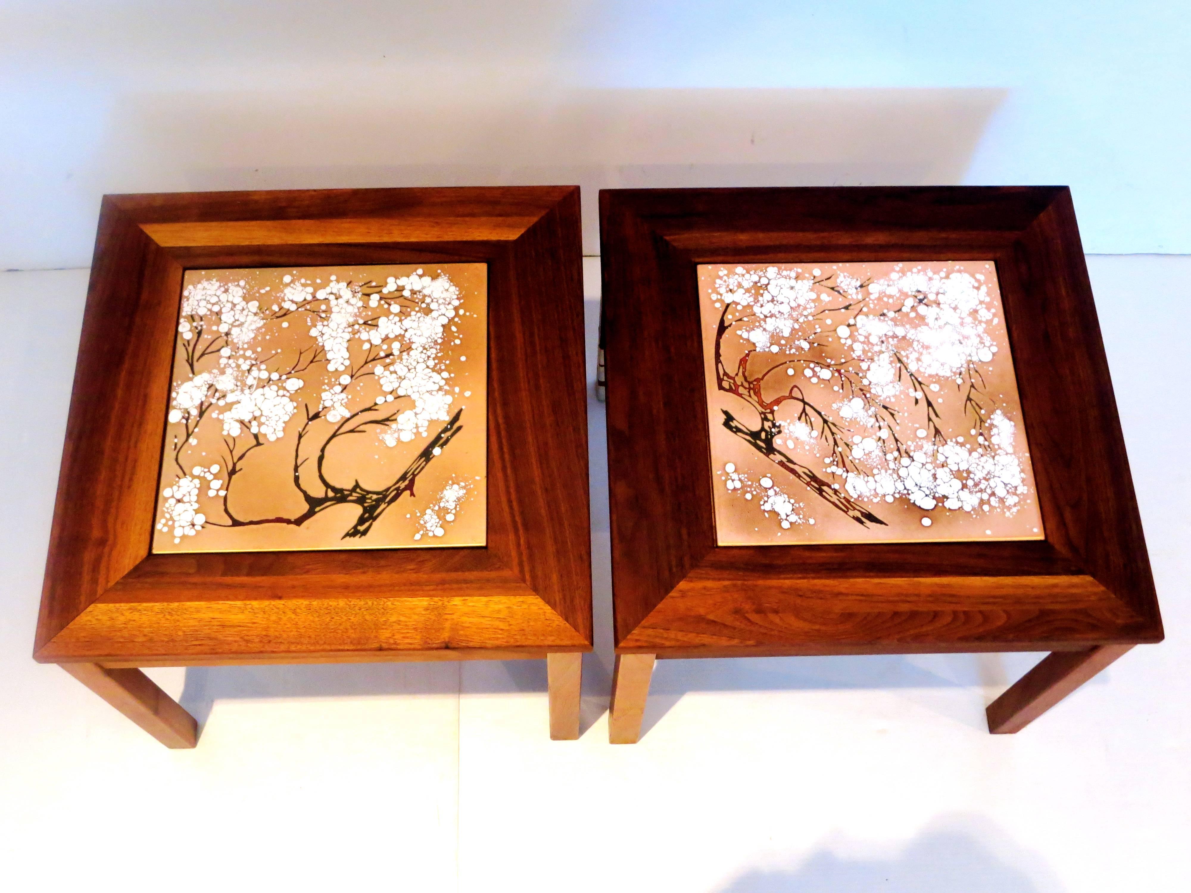 Hollywood Regency Pair of Solid Walnut Enameled End Tables Designed by Jhon Keal for Brown Saltman