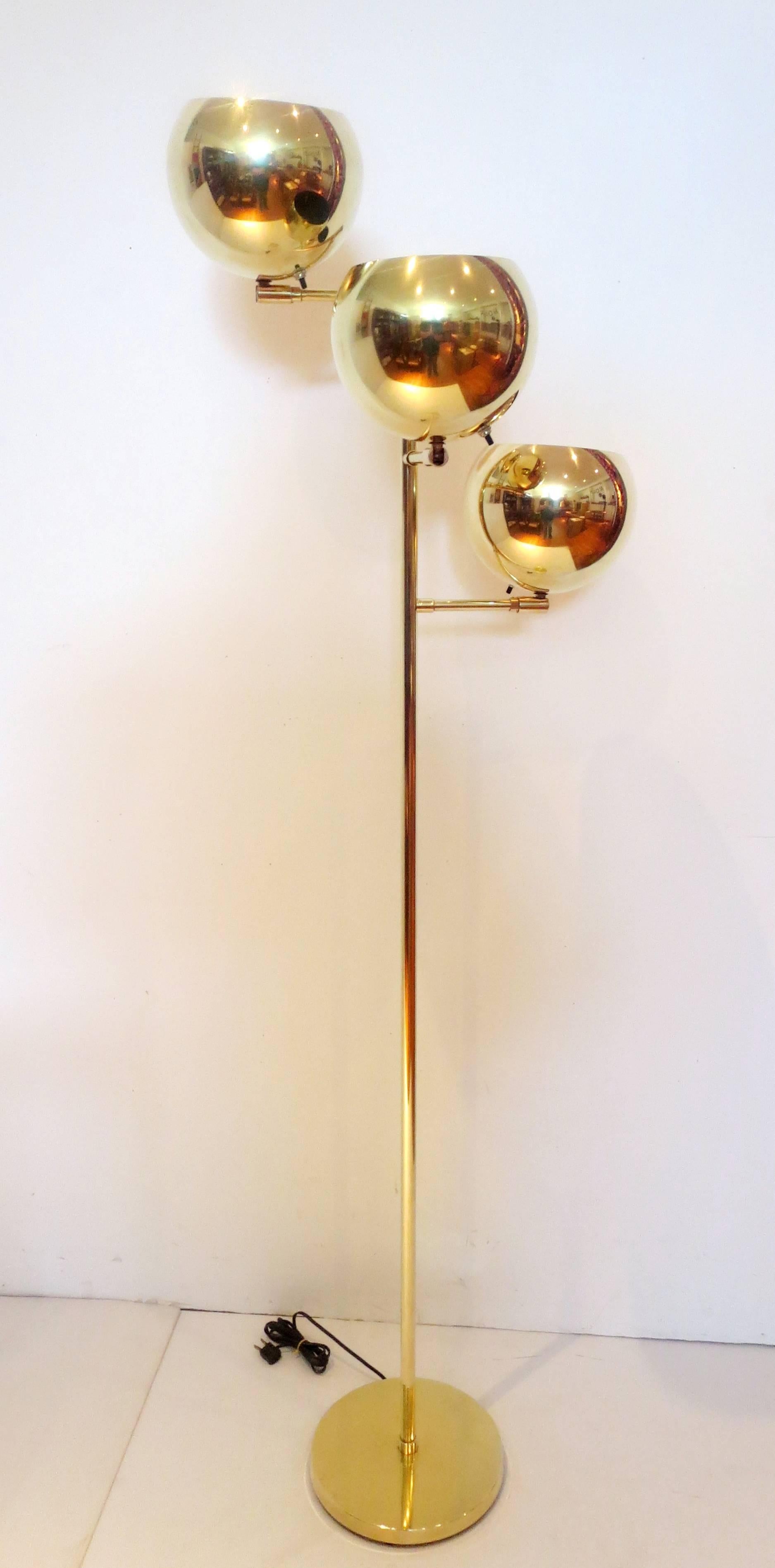 Mid-Century Modern 1970s Koch & Lowy Polished Brass Three-Tier Multidirectional Orb Floor Lamp