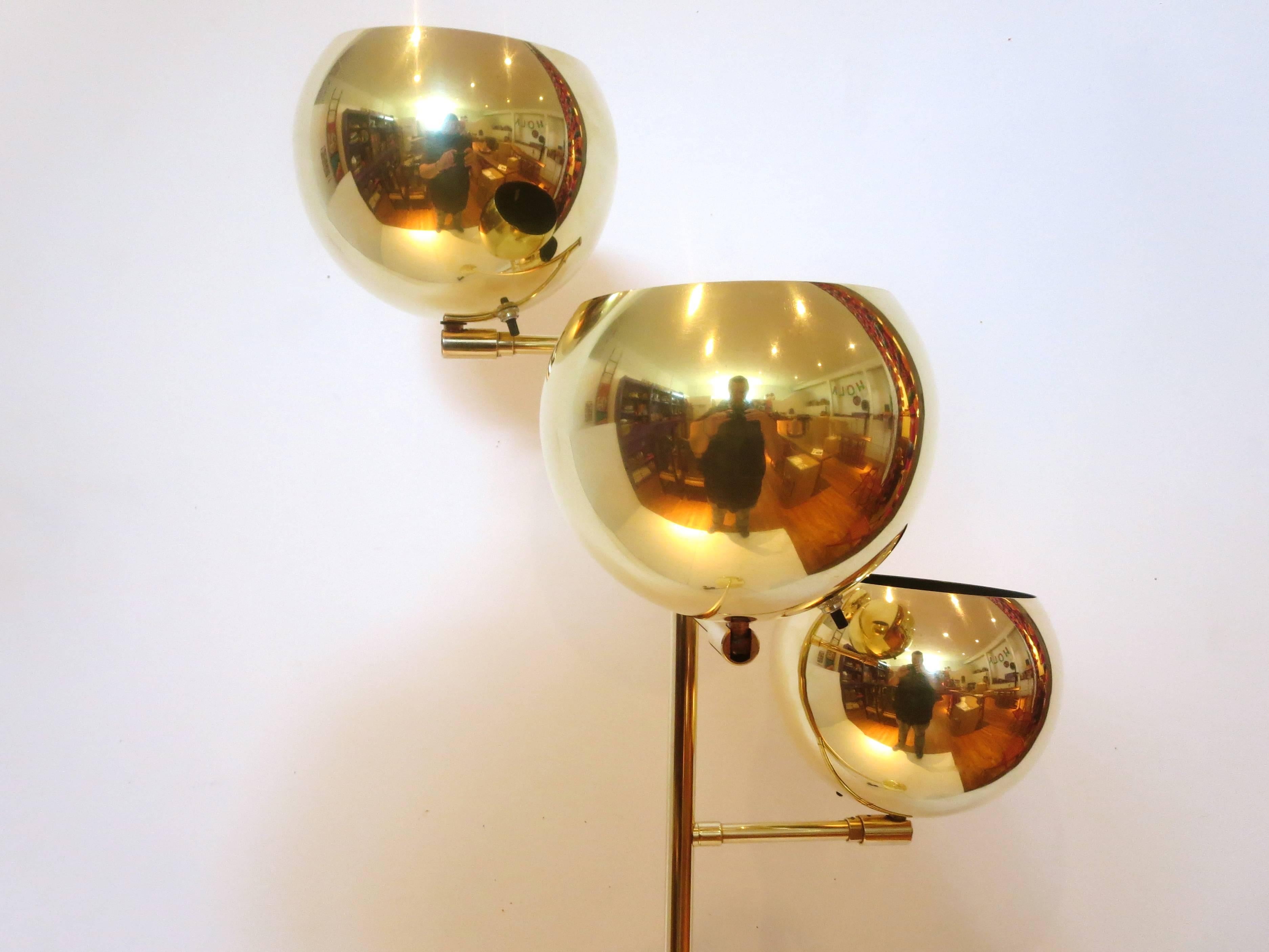 American 1970s Koch & Lowy Polished Brass Three-Tier Multidirectional Orb Floor Lamp