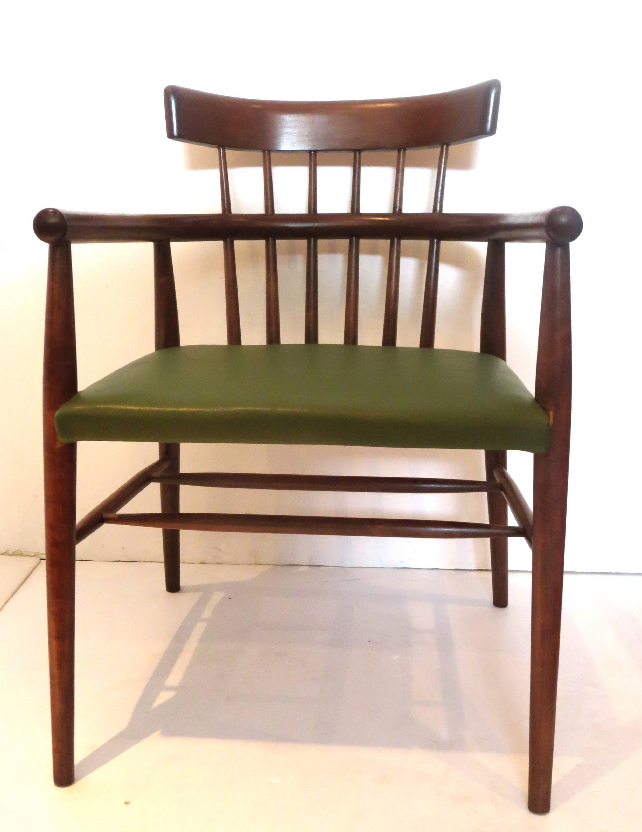 Swedish Danish Modern Windsor Style Spindle Back Armchair in Leather Seat