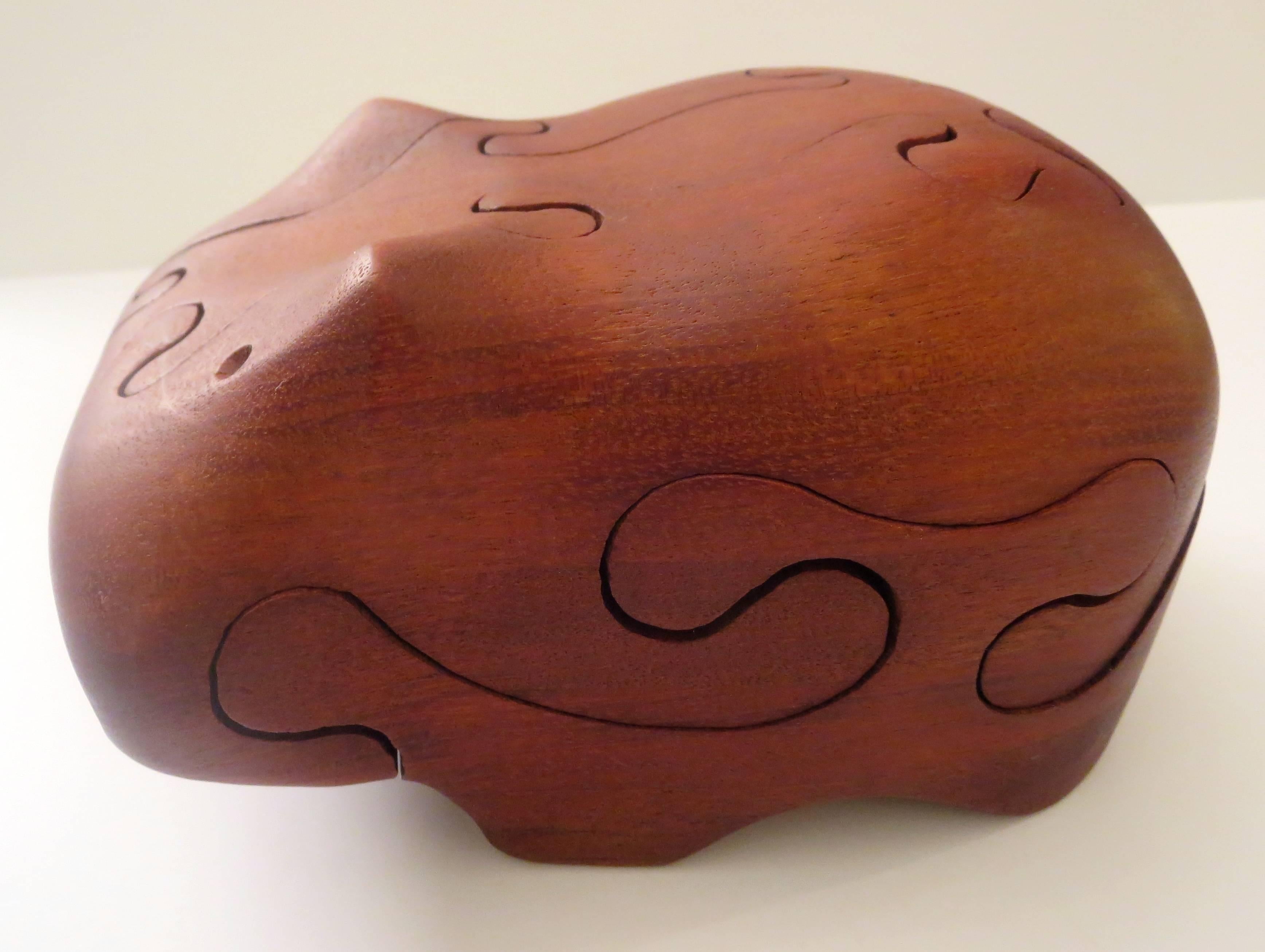 Mid-Century Modern Solid Figural Hippo Walnut Wood Puzzle Toy by Deborah D Bump